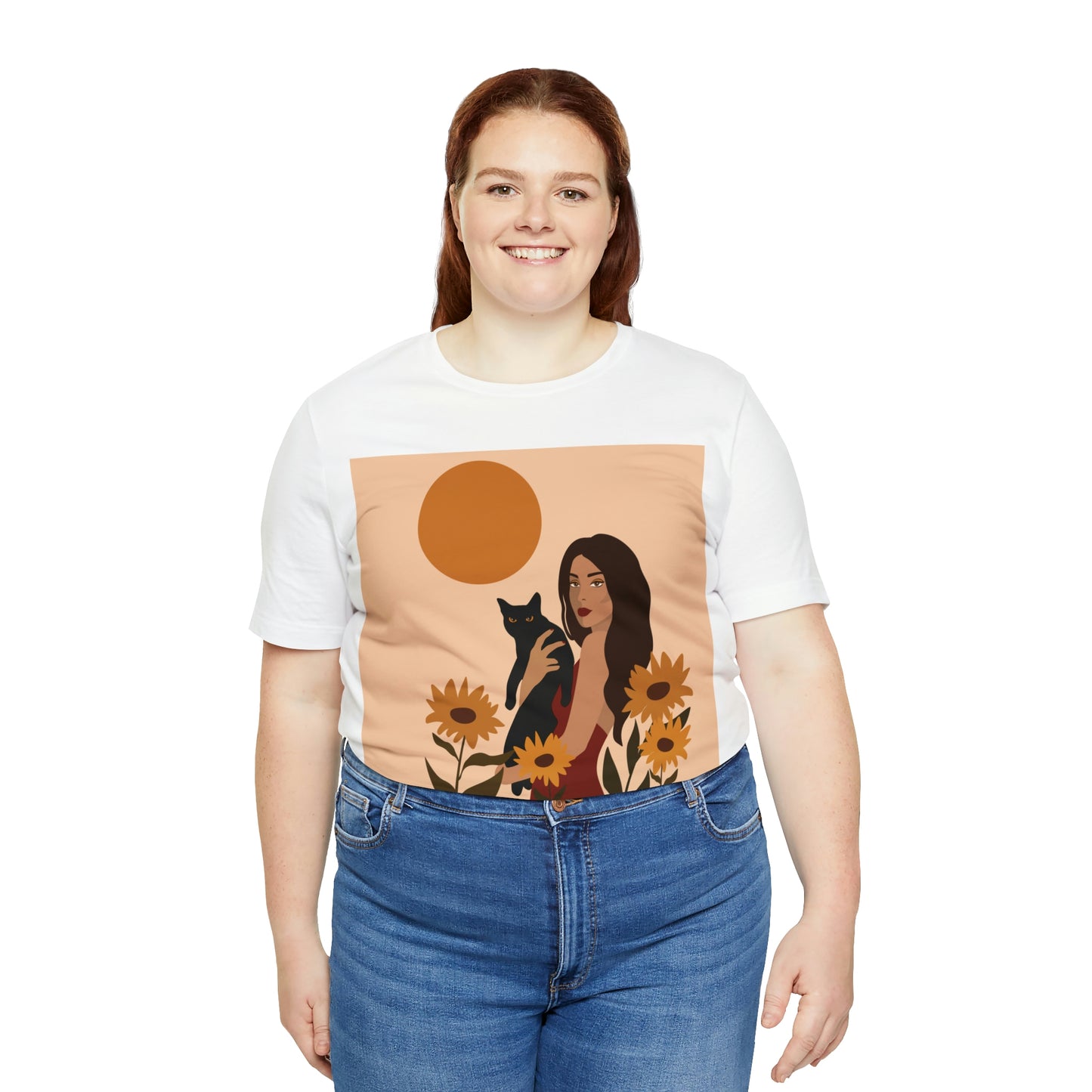 Woman with Black Cat Mininal Sunflowers Aesthetic Art Unisex Jersey Short Sleeve T-Shirt