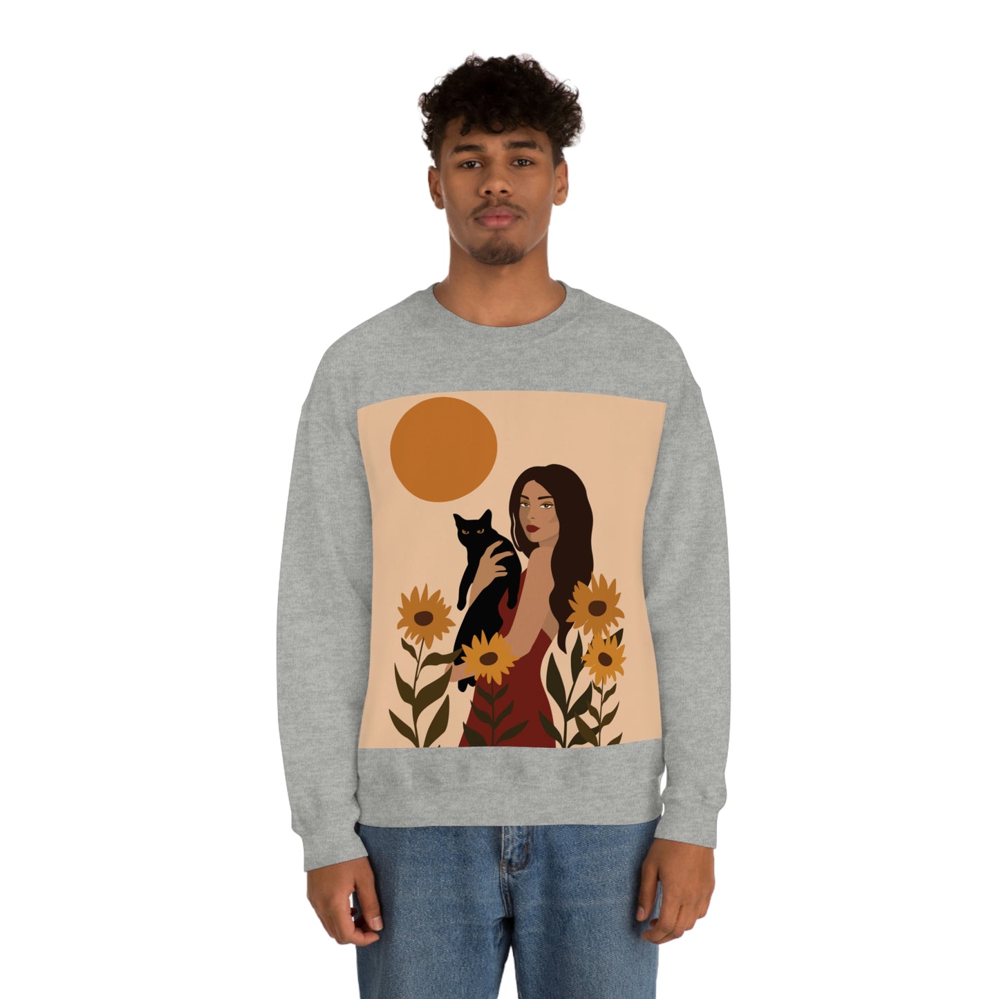 Woman with Black Cat Mininal Sunflowers Aesthetic Art Unisex Heavy Blend™ Crewneck Sweatshirt