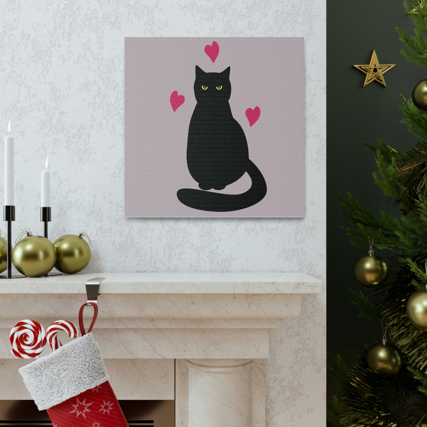 Black Cat with Heart Love Aesthetic Classic Art Canvas Gallery Wraps