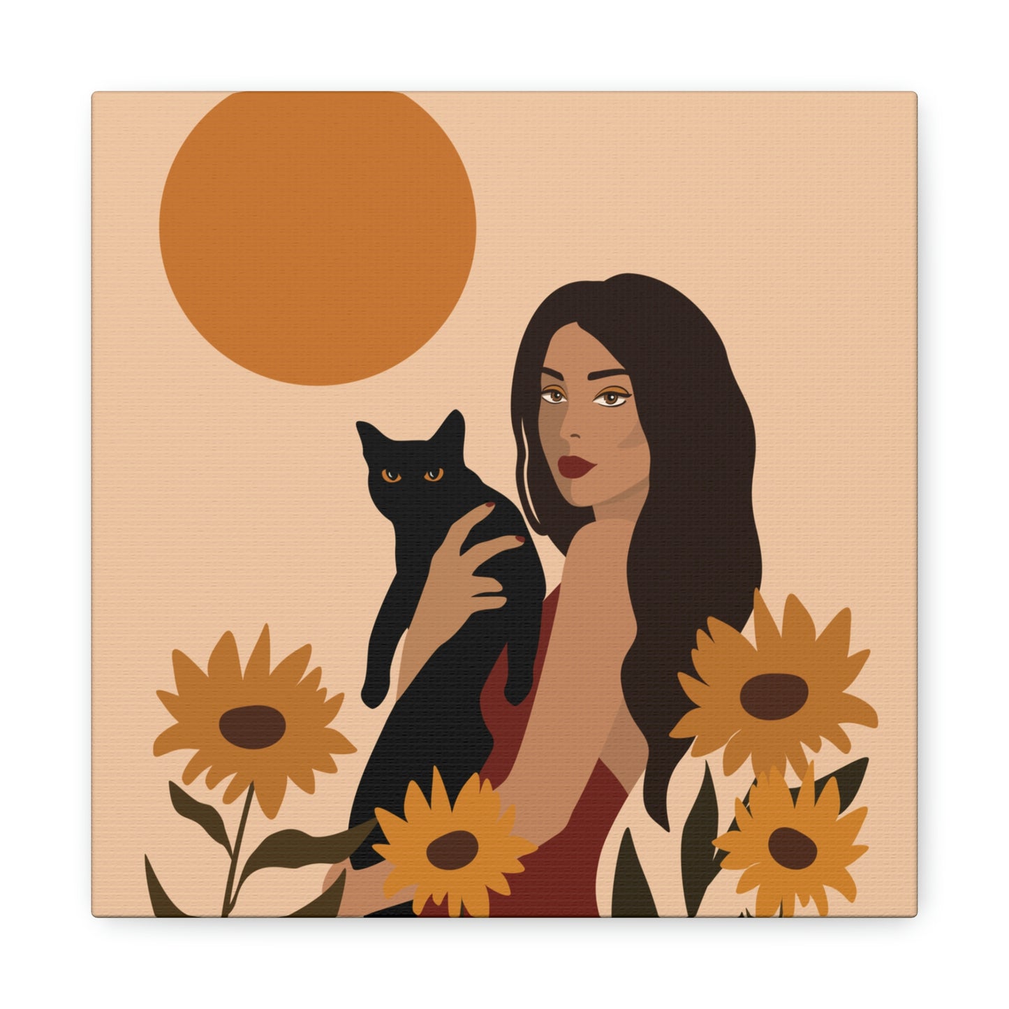 Woman with Black Cat Mininal Sunflowers Aesthetic Art Canvas Gallery Wraps