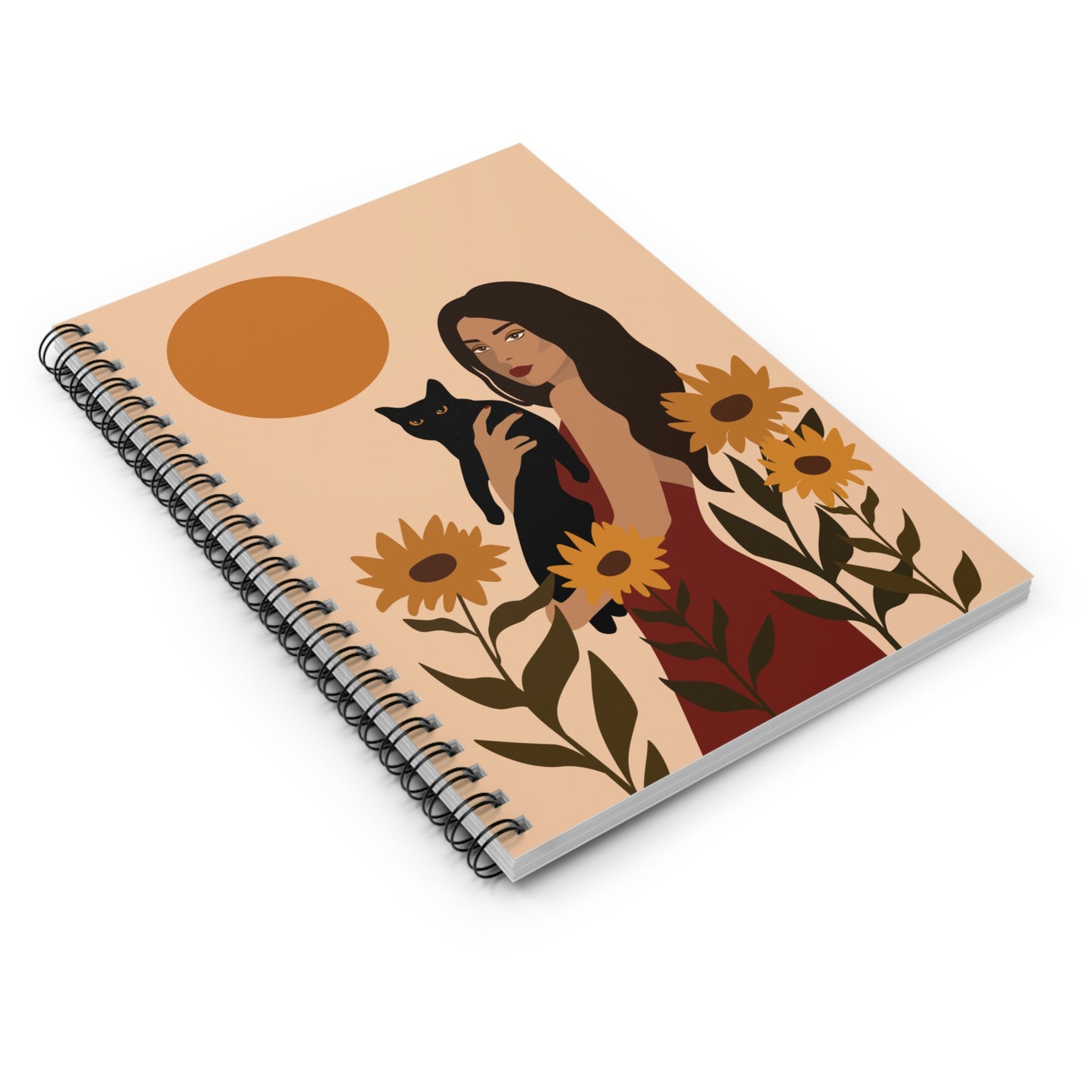 Woman with Black Cat Mininal Sunflowers Aesthetic Art Spiral Notebook Ruled Line