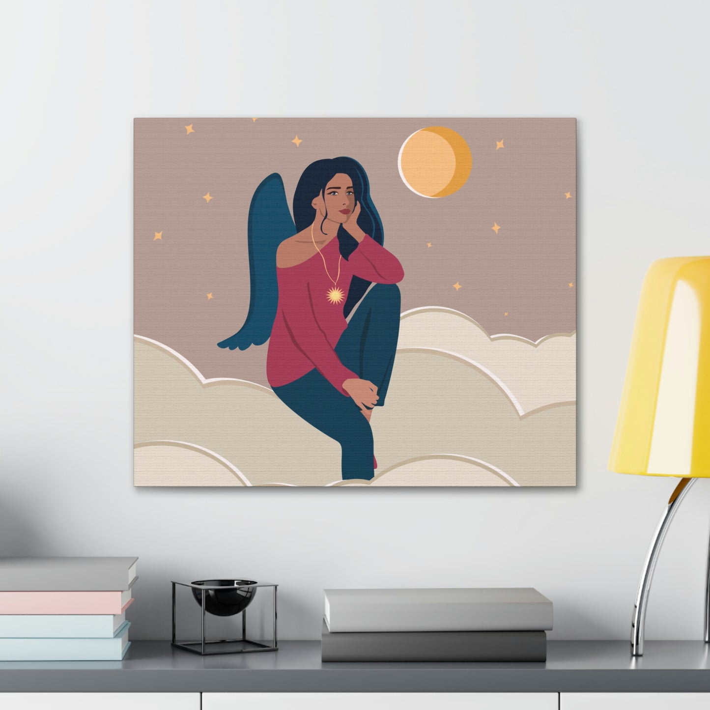 Women Angel Portrait Sitting On Clouds Cartoon Art Canvas Gallery Wraps