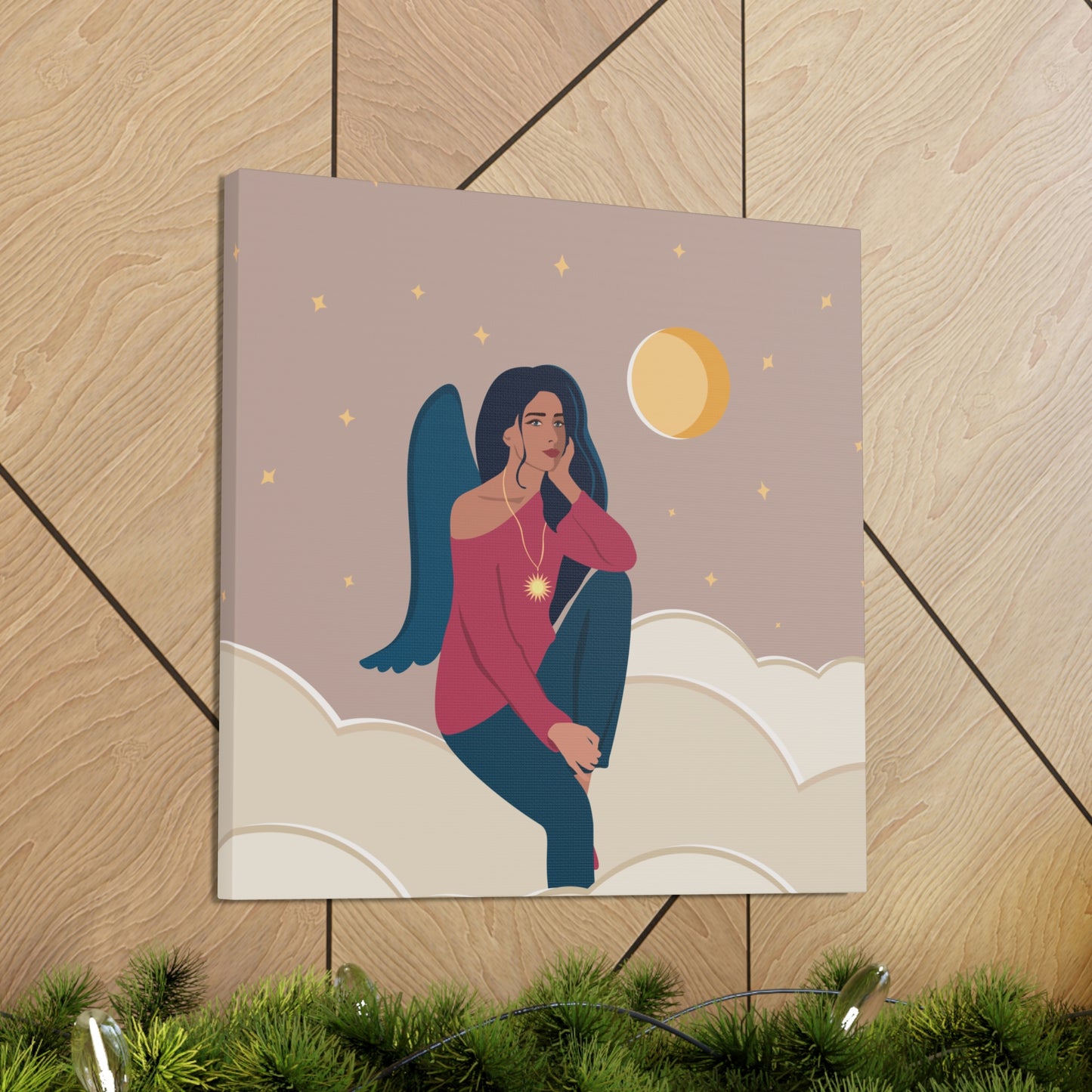 Women Angel Portrait Sitting On Clouds Cartoon Art Canvas Gallery Wraps