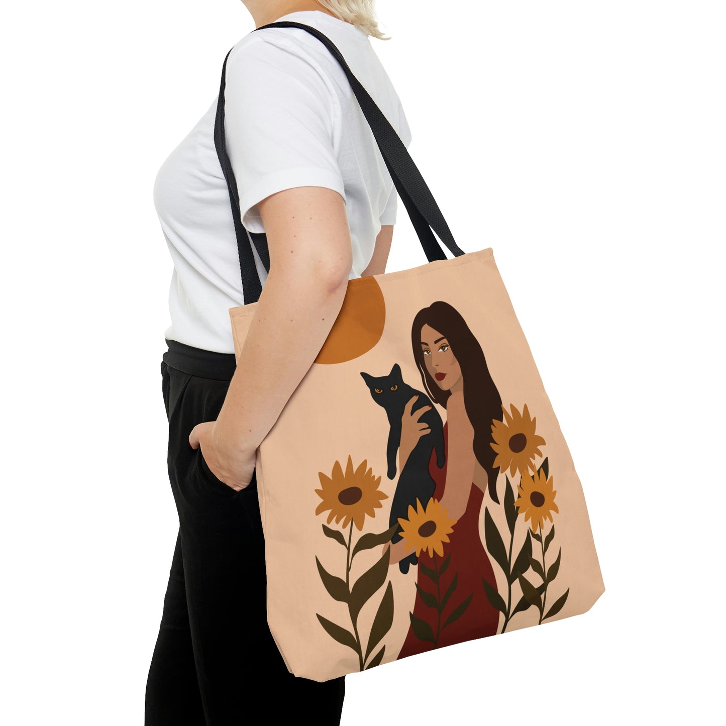 Woman with Black Cat Mininal Sunflowers Aesthetic Art AOP Tote Bag