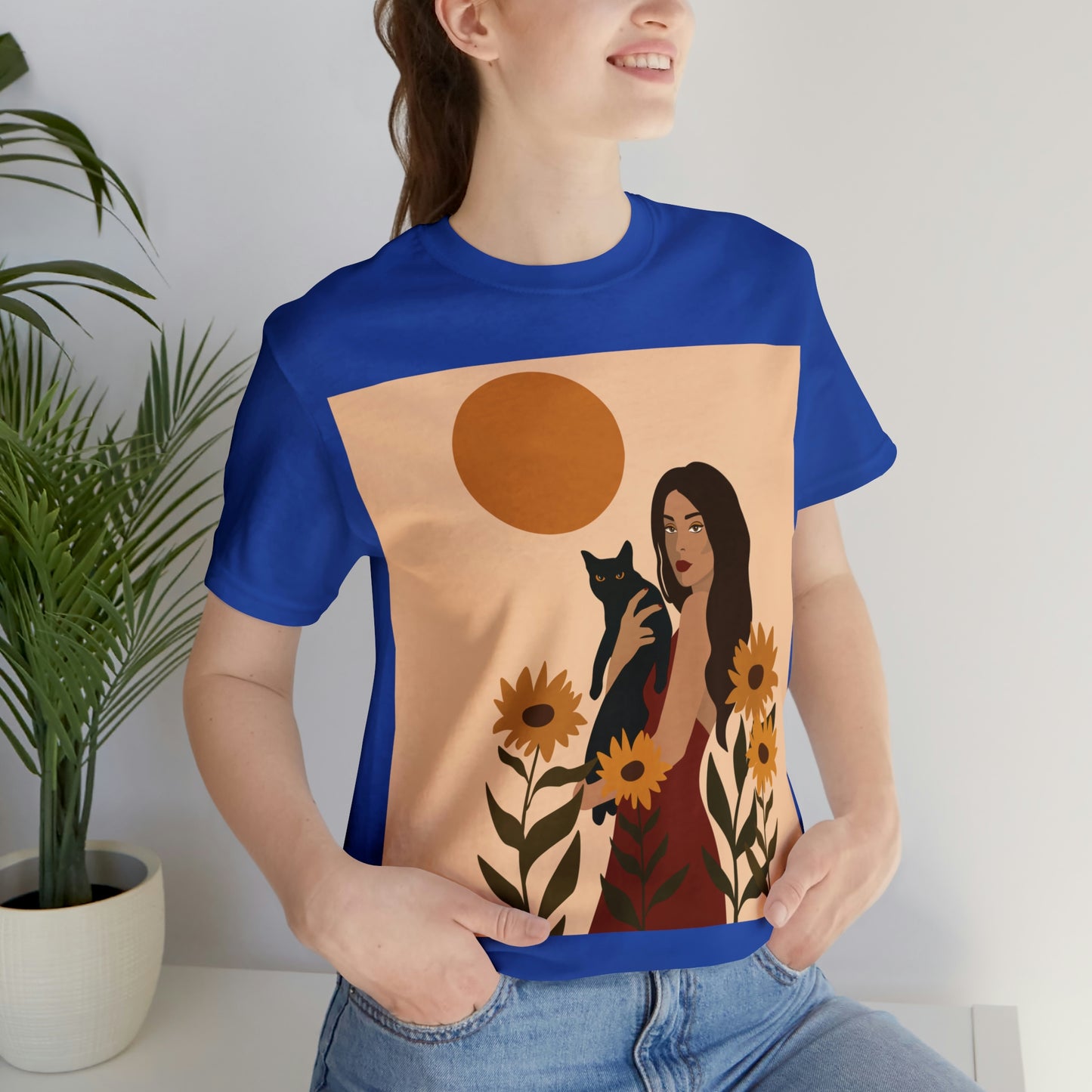 Woman with Black Cat Mininal Sunflowers Aesthetic Art Unisex Jersey Short Sleeve T-Shirt