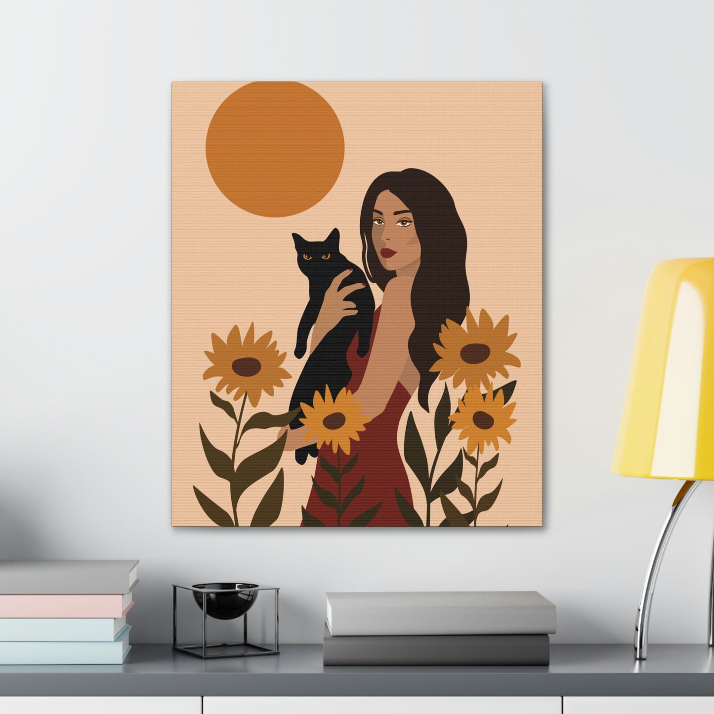 Woman with Black Cat Mininal Sunflowers Aesthetic Art Canvas Gallery Wraps