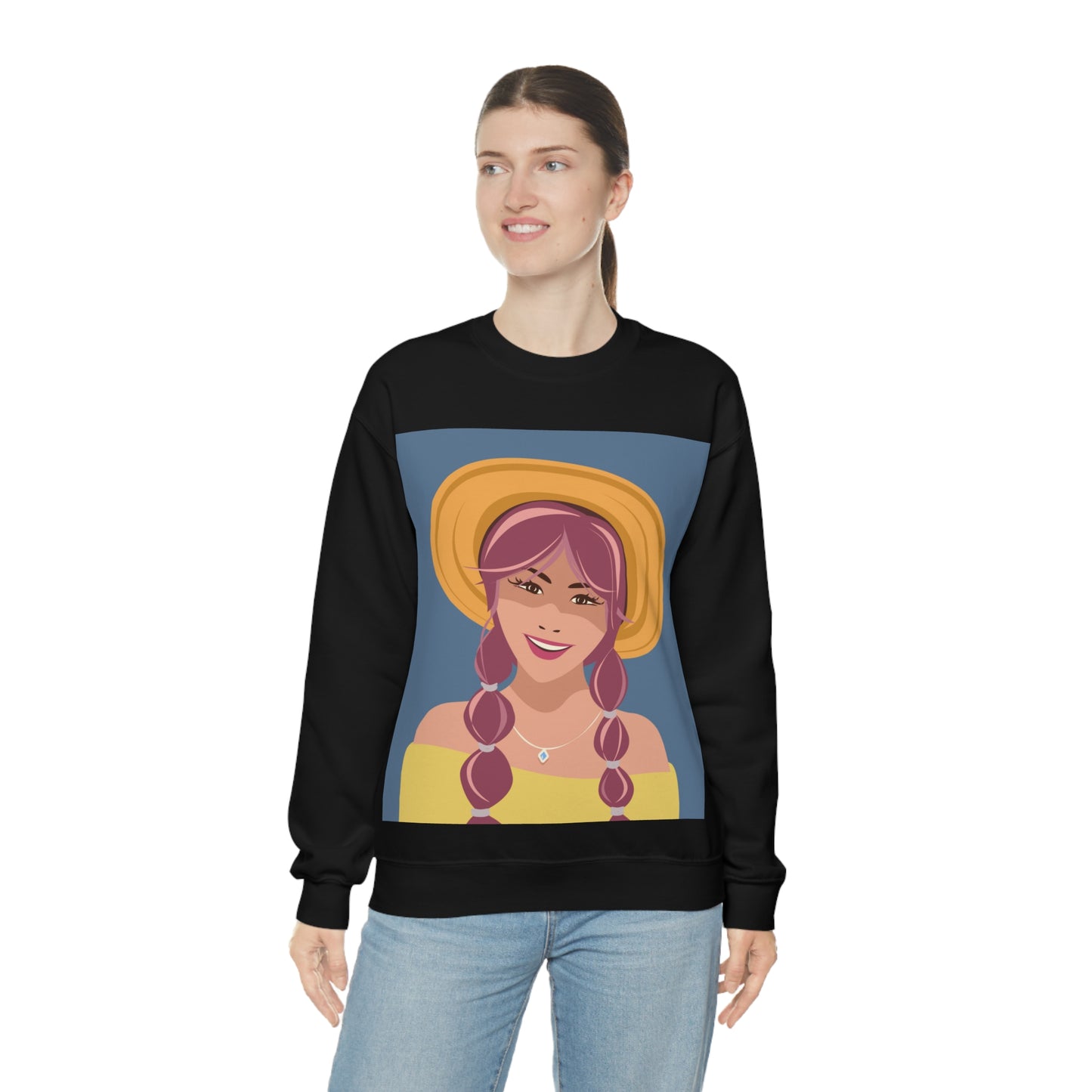 Happy Woman with Rose Hair Aesthetic Art Unisex Heavy Blend™ Crewneck Sweatshirt