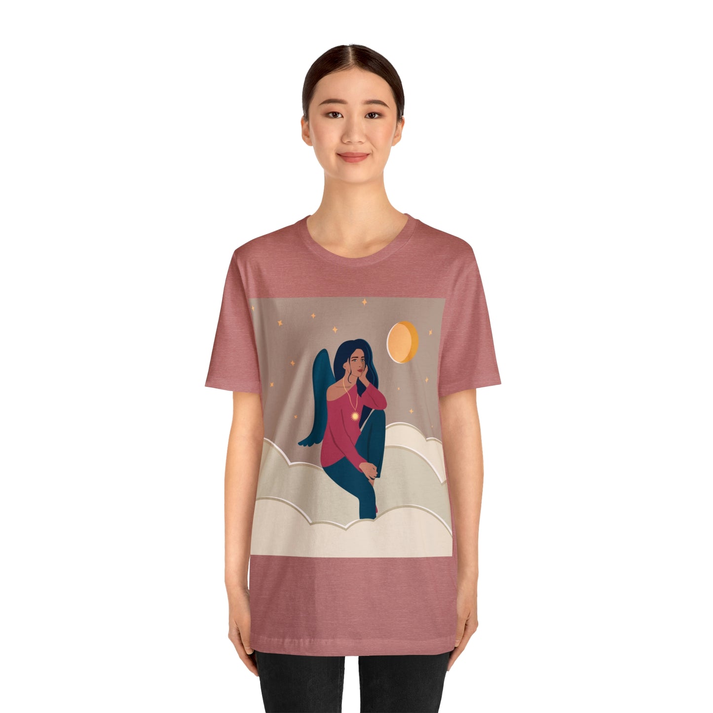 Women Angel Portrait Sitting On Clouds Cartoon Art Unisex Jersey Short Sleeve T-Shirt