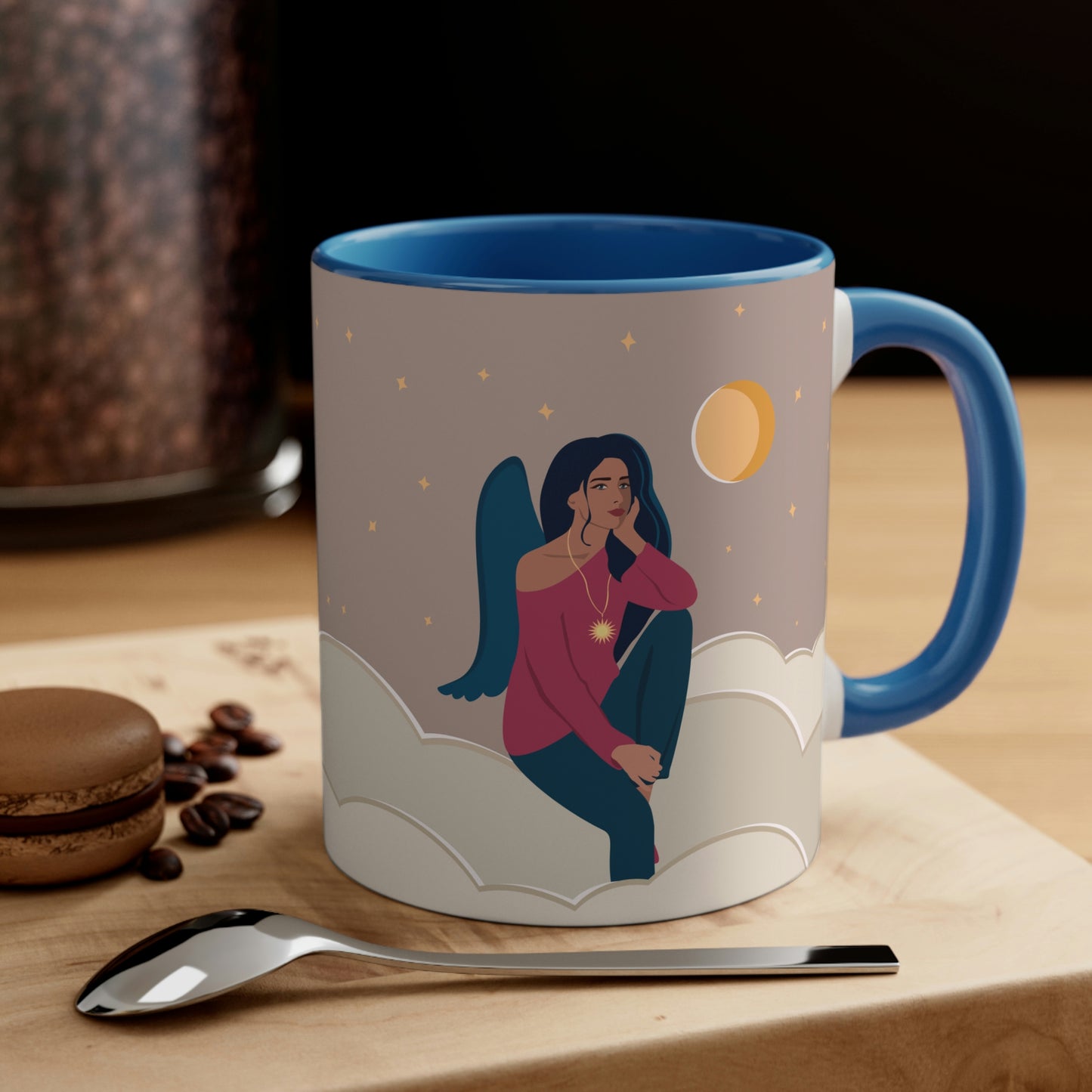 Women Angel Portrait Sitting On Clouds Cartoon Art Accent Coffee Mug 11oz