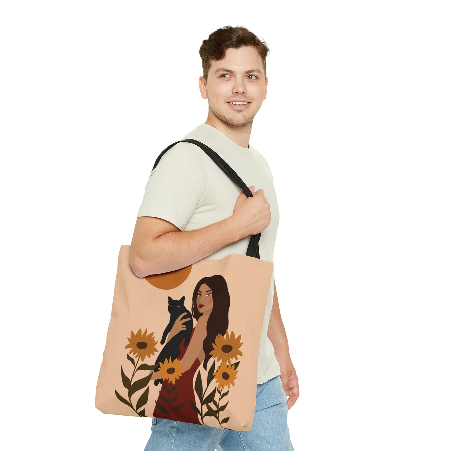 Woman with Black Cat Mininal Sunflowers Aesthetic Art AOP Tote Bag