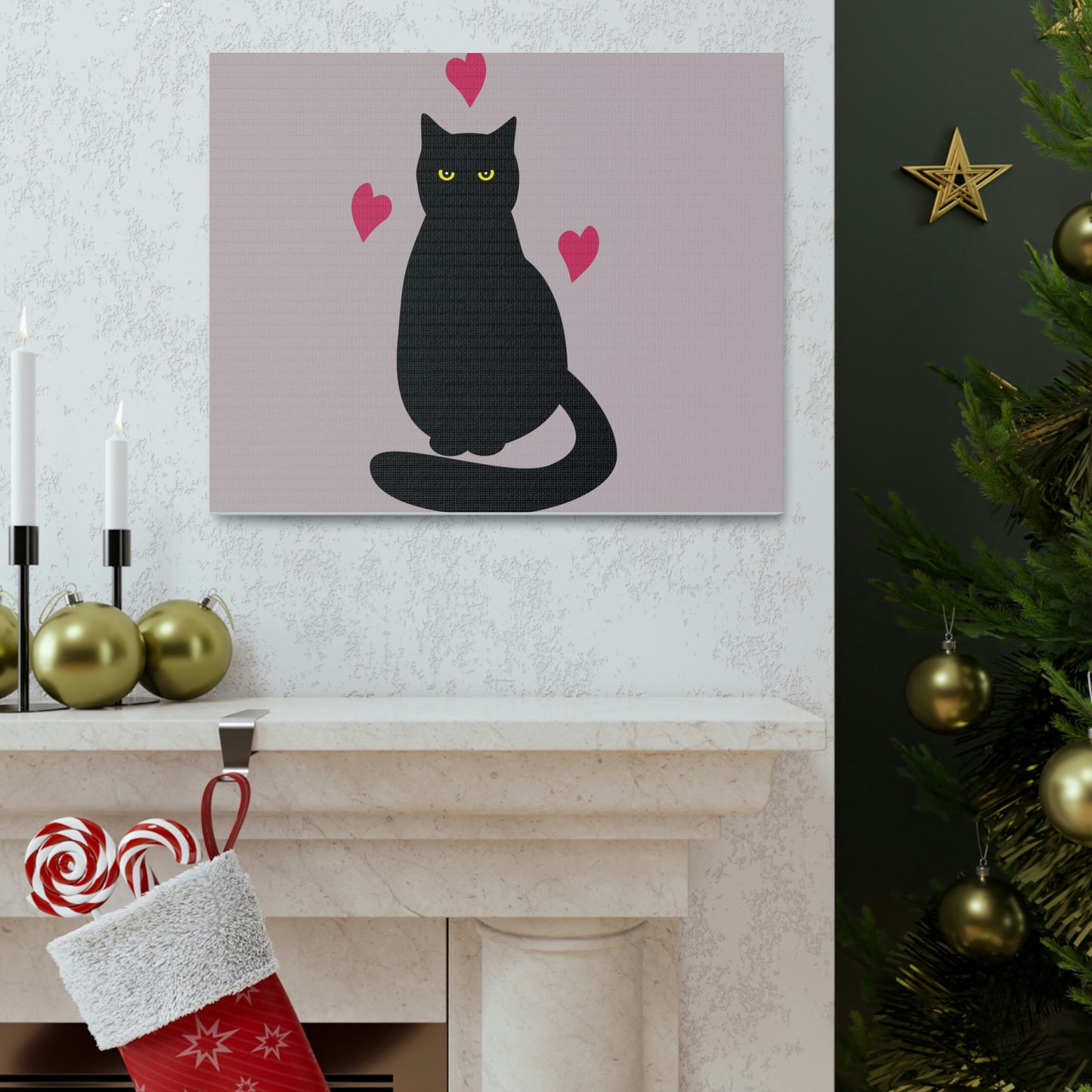 Black Cat with Heart Love Aesthetic Classic Art Canvas Gallery Wraps