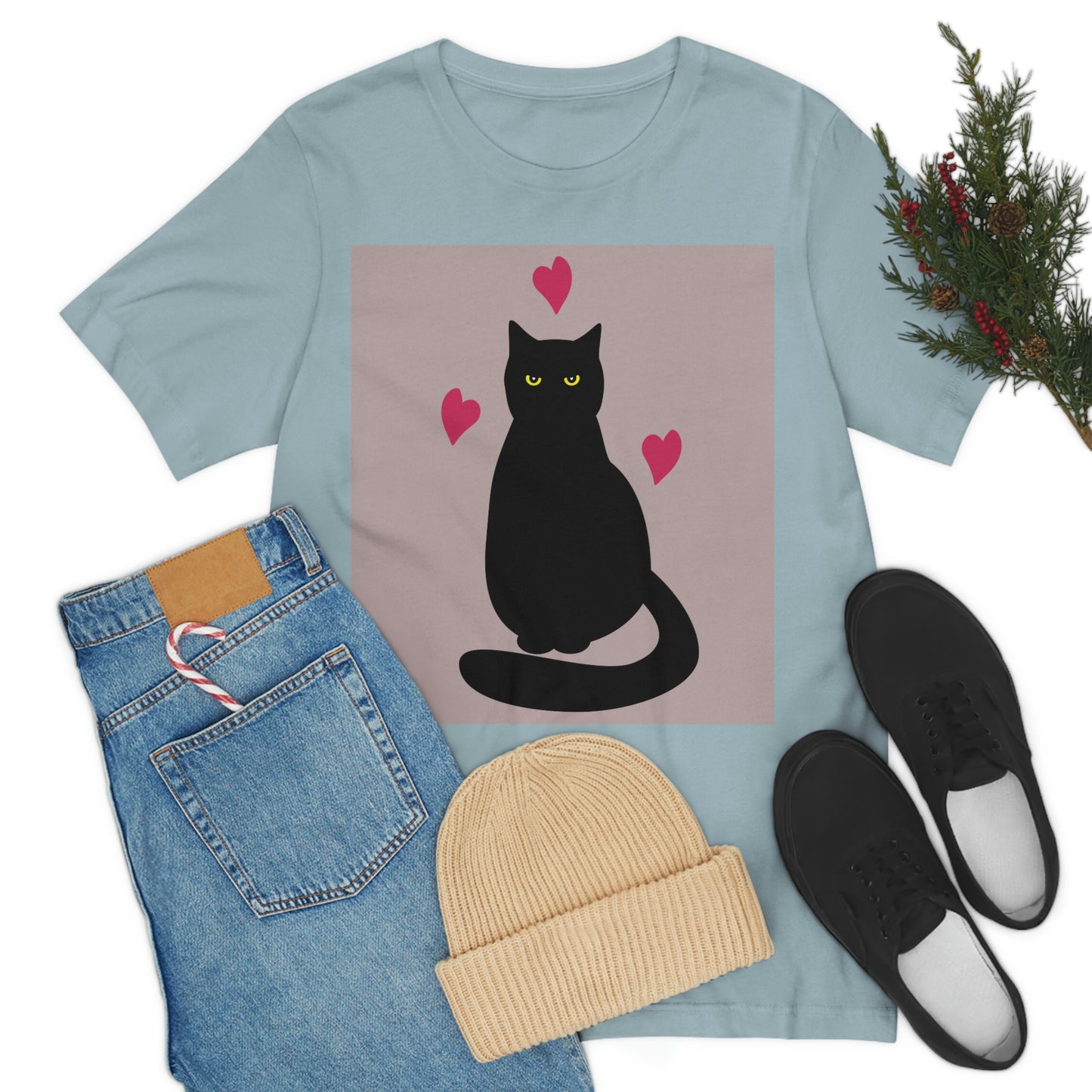 Black Cat with Heart Love Unisex Jersey Short Sleeve T-Shirt