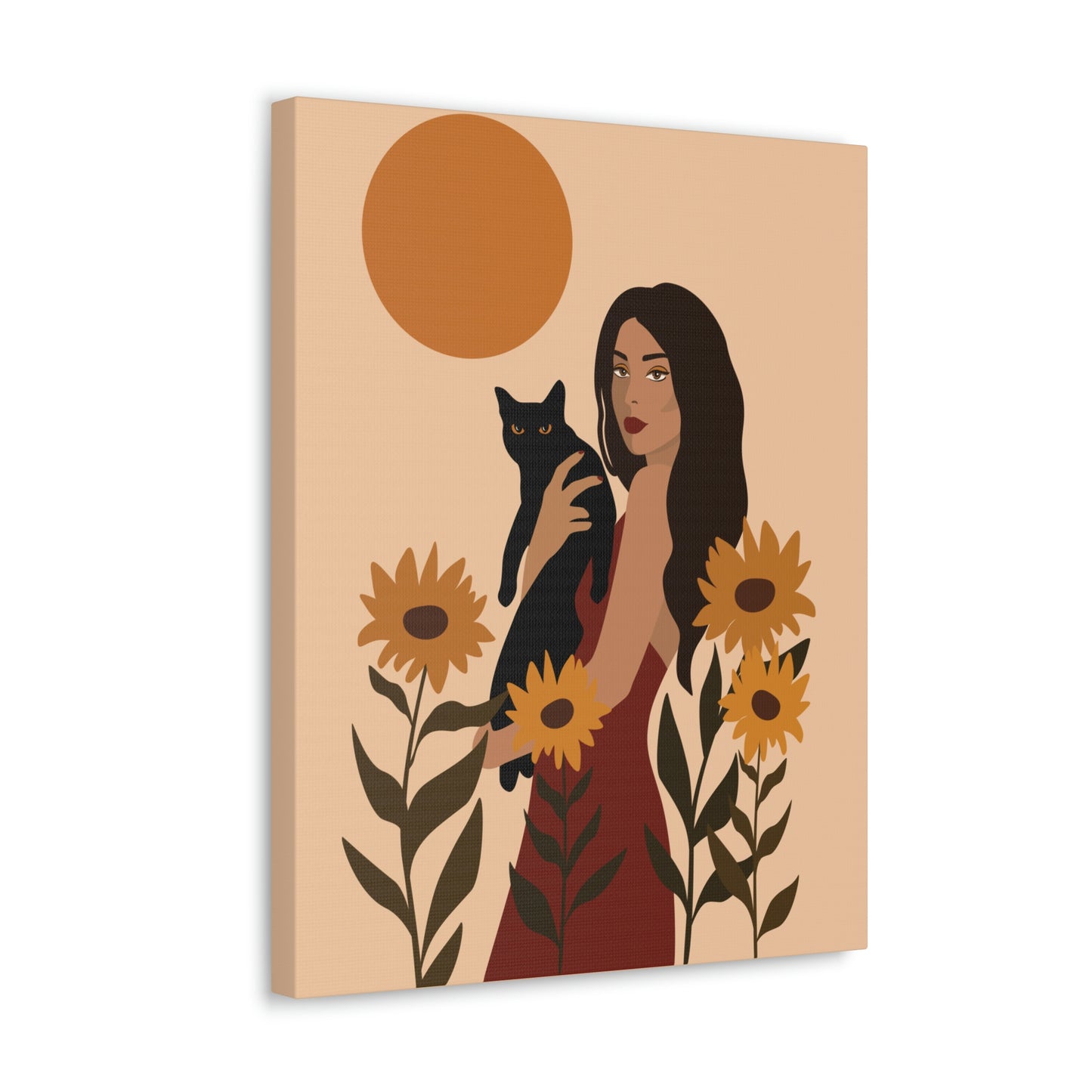 Woman with Black Cat Mininal Sunflowers Aesthetic Art Canvas Gallery Wraps