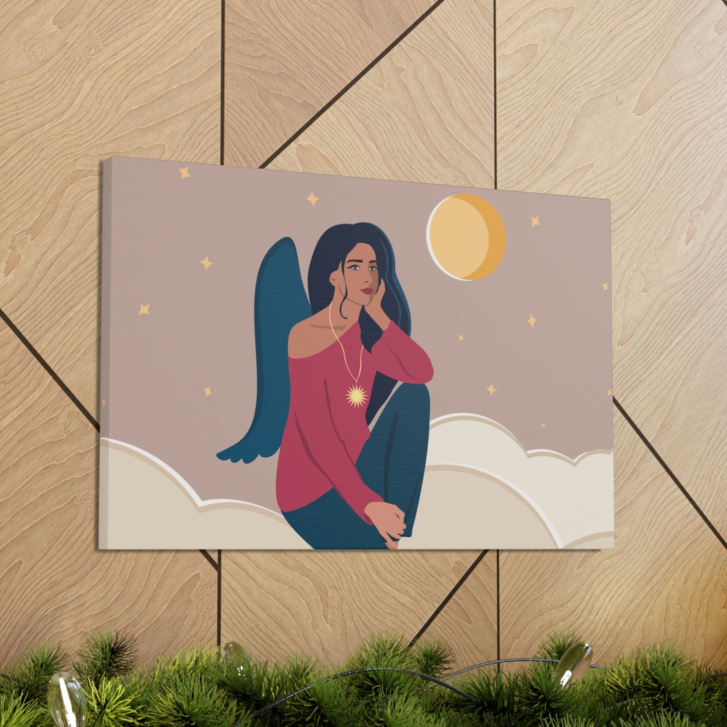 Women Angel Portrait Sitting On Clouds Cartoon Art Canvas Gallery Wraps