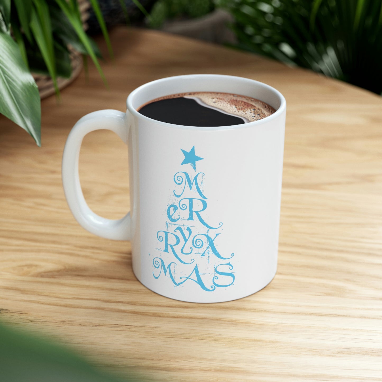 Love Christmas Happy Holidays Minimal Art Сalligraphy Blue Ceramic Mug 11oz