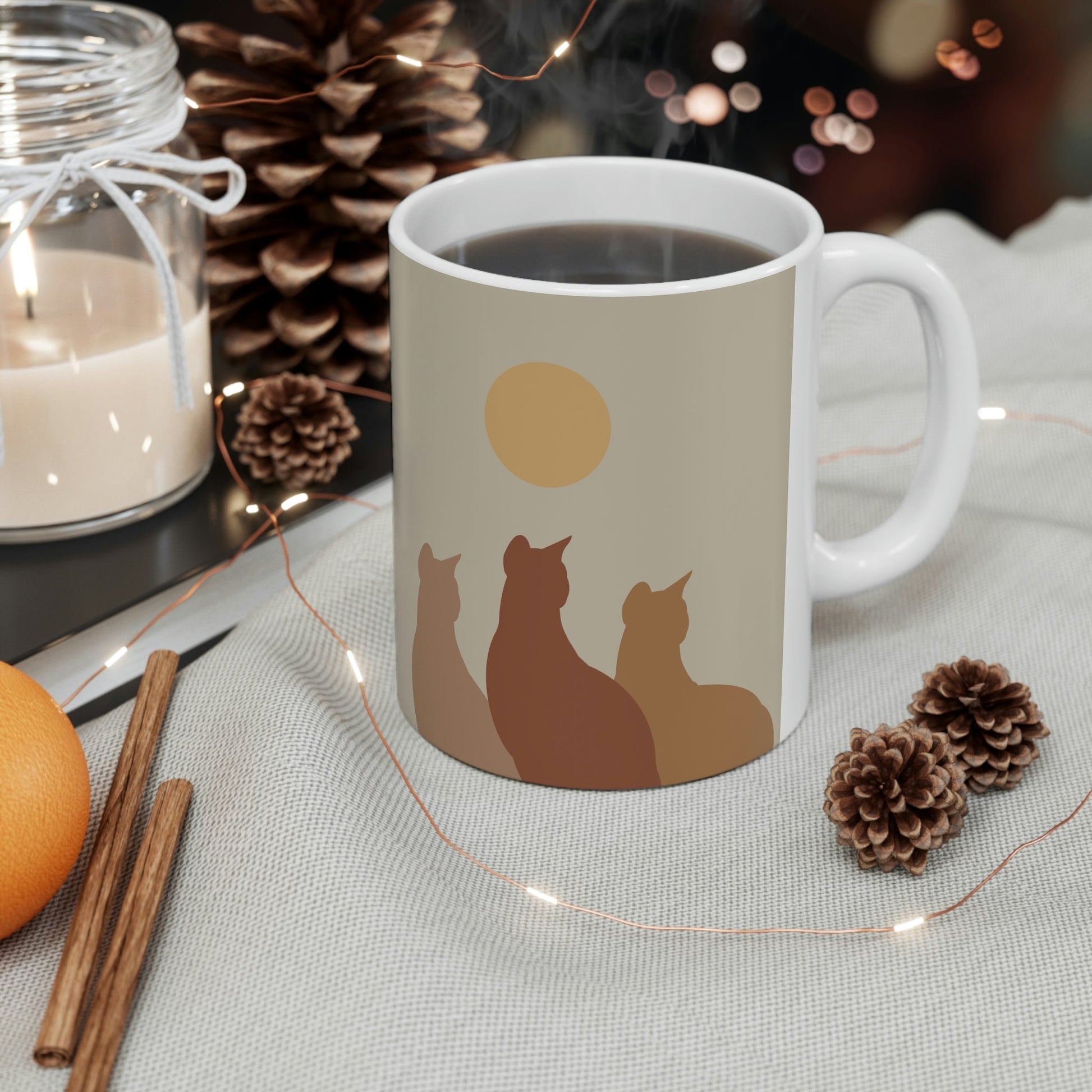 Abstract Boho Cats Relaxed Aesthetic Beige Minimalist Art Ceramic Mug 11oz Ichaku [Perfect Gifts Selection]