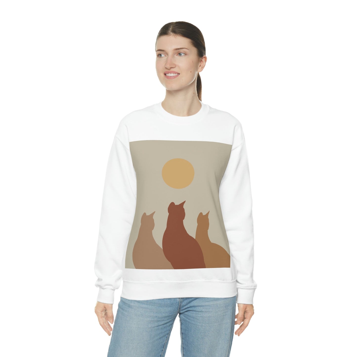 Abstract Boho Cats Relaxed Aesthetic Beige Minimalist Art Unisex Heavy Blend™ Crewneck Sweatshirt Ichaku [Perfect Gifts Selection]