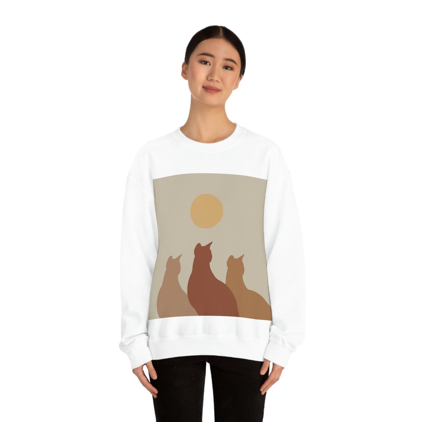 Abstract Boho Cats Relaxed Aesthetic Beige Minimalist Art Unisex Heavy Blend™ Crewneck Sweatshirt Ichaku [Perfect Gifts Selection]