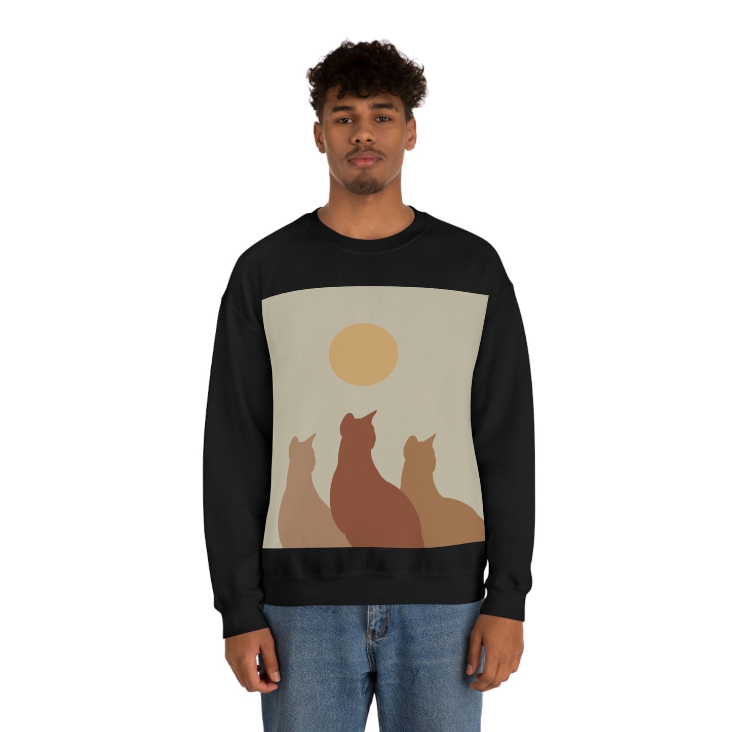 Abstract Boho Cats Relaxed Aesthetic Beige Minimalist Art Unisex Heavy Blend™ Crewneck Sweatshirt Ichaku [Perfect Gifts Selection]