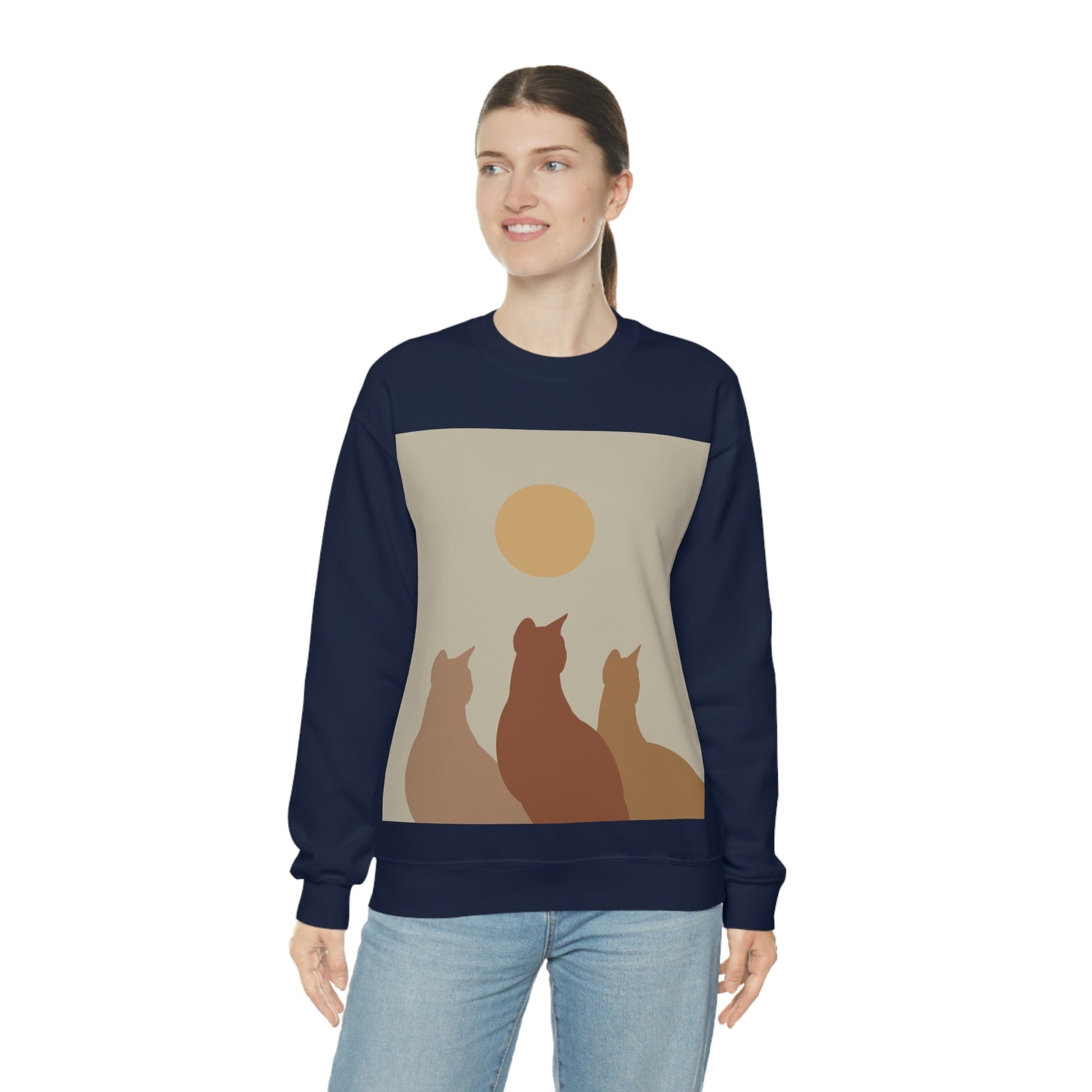 Abstract Boho Cats Relaxed Aesthetic Beige Minimalist Art Unisex Heavy Blend™ Crewneck Sweatshirt Ichaku [Perfect Gifts Selection]