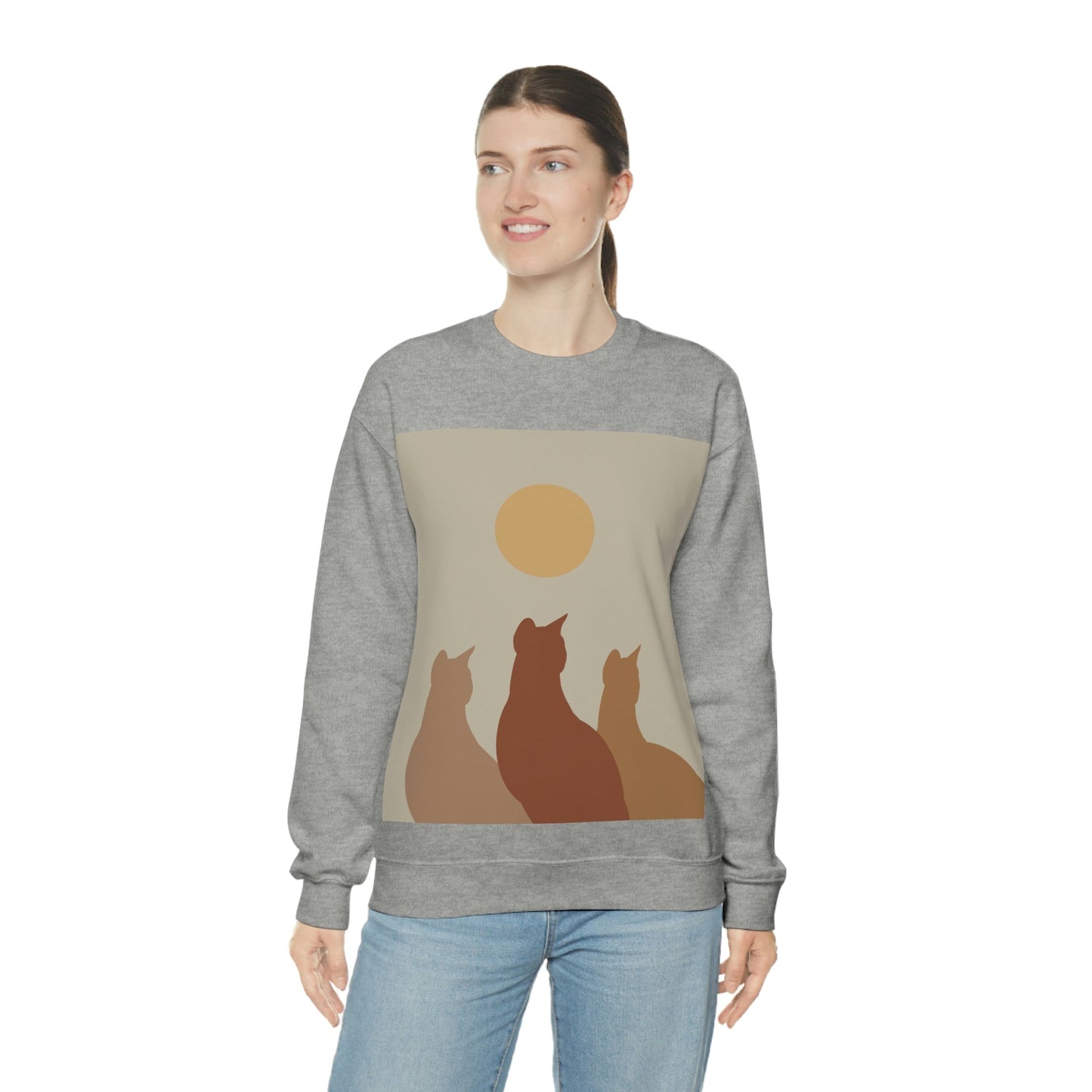 Abstract Boho Cats Relaxed Aesthetic Beige Minimalist Art Unisex Heavy Blend™ Crewneck Sweatshirt Ichaku [Perfect Gifts Selection]