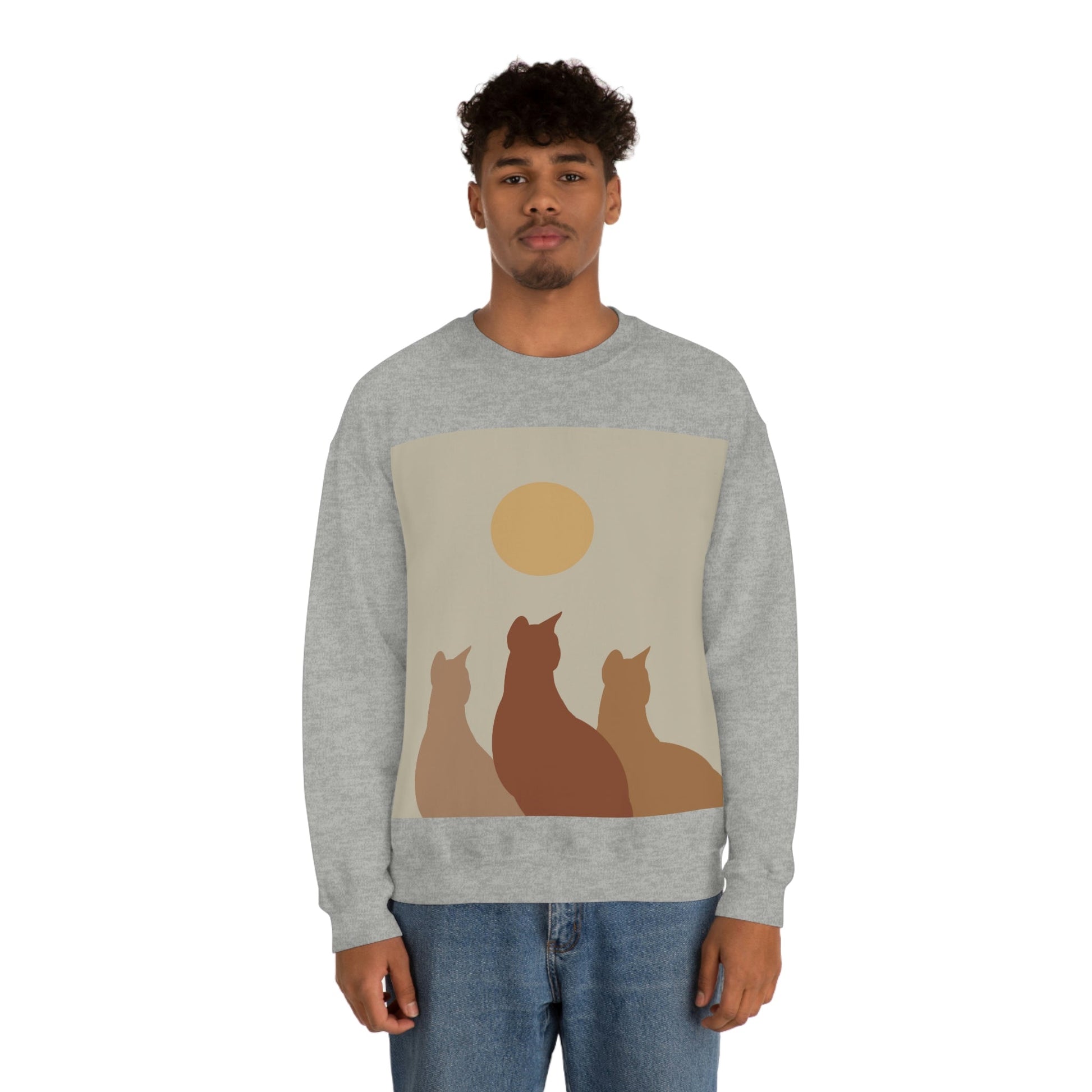 Abstract Boho Cats Relaxed Aesthetic Beige Minimalist Art Unisex Heavy Blend™ Crewneck Sweatshirt Ichaku [Perfect Gifts Selection]