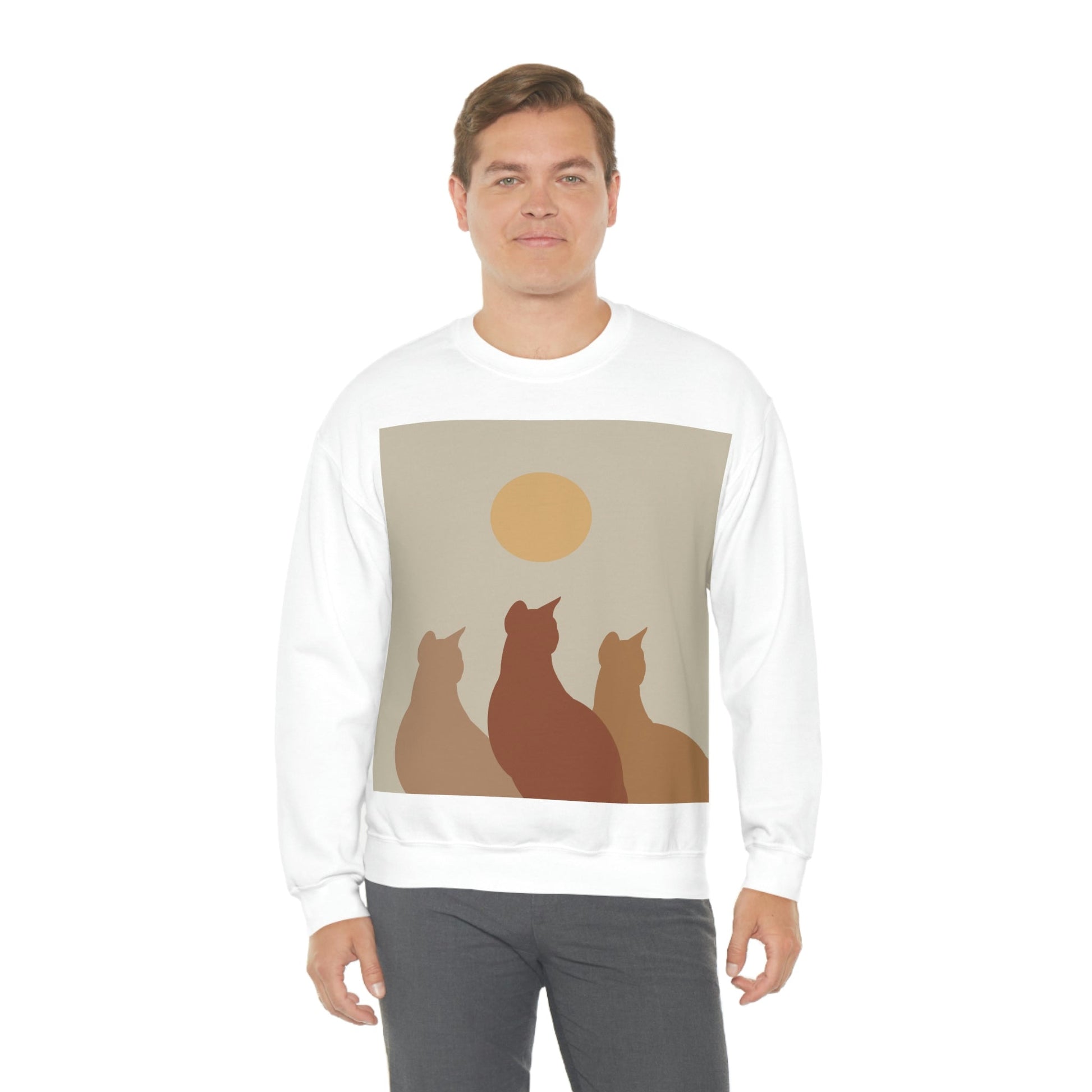 Abstract Boho Cats Relaxed Aesthetic Beige Minimalist Art Unisex Heavy Blend™ Crewneck Sweatshirt Ichaku [Perfect Gifts Selection]