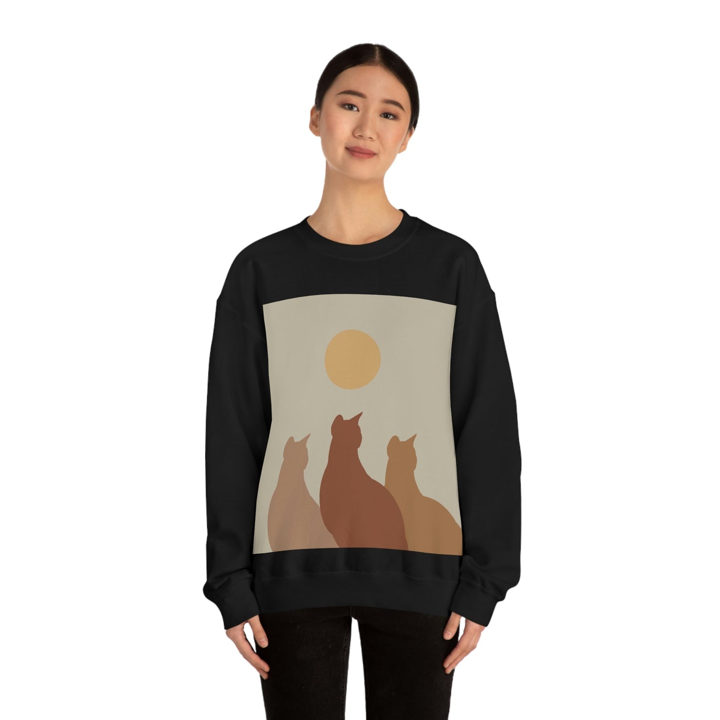 Abstract Boho Cats Relaxed Aesthetic Beige Minimalist Art Unisex Heavy Blend™ Crewneck Sweatshirt Ichaku [Perfect Gifts Selection]