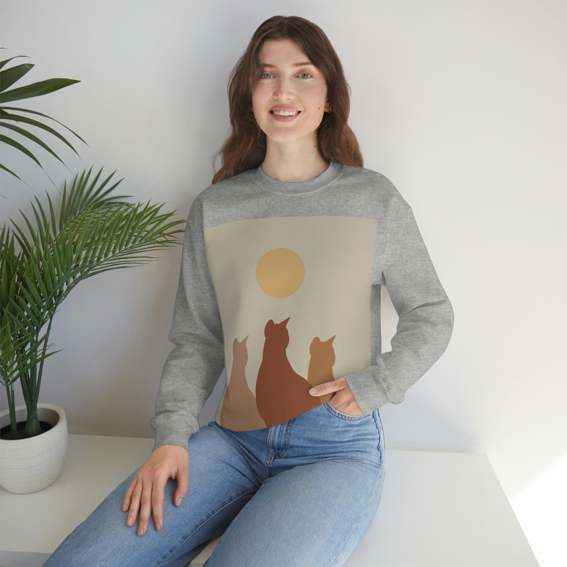 Abstract Boho Cats Relaxed Aesthetic Beige Minimalist Art Unisex Heavy Blend™ Crewneck Sweatshirt Ichaku [Perfect Gifts Selection]