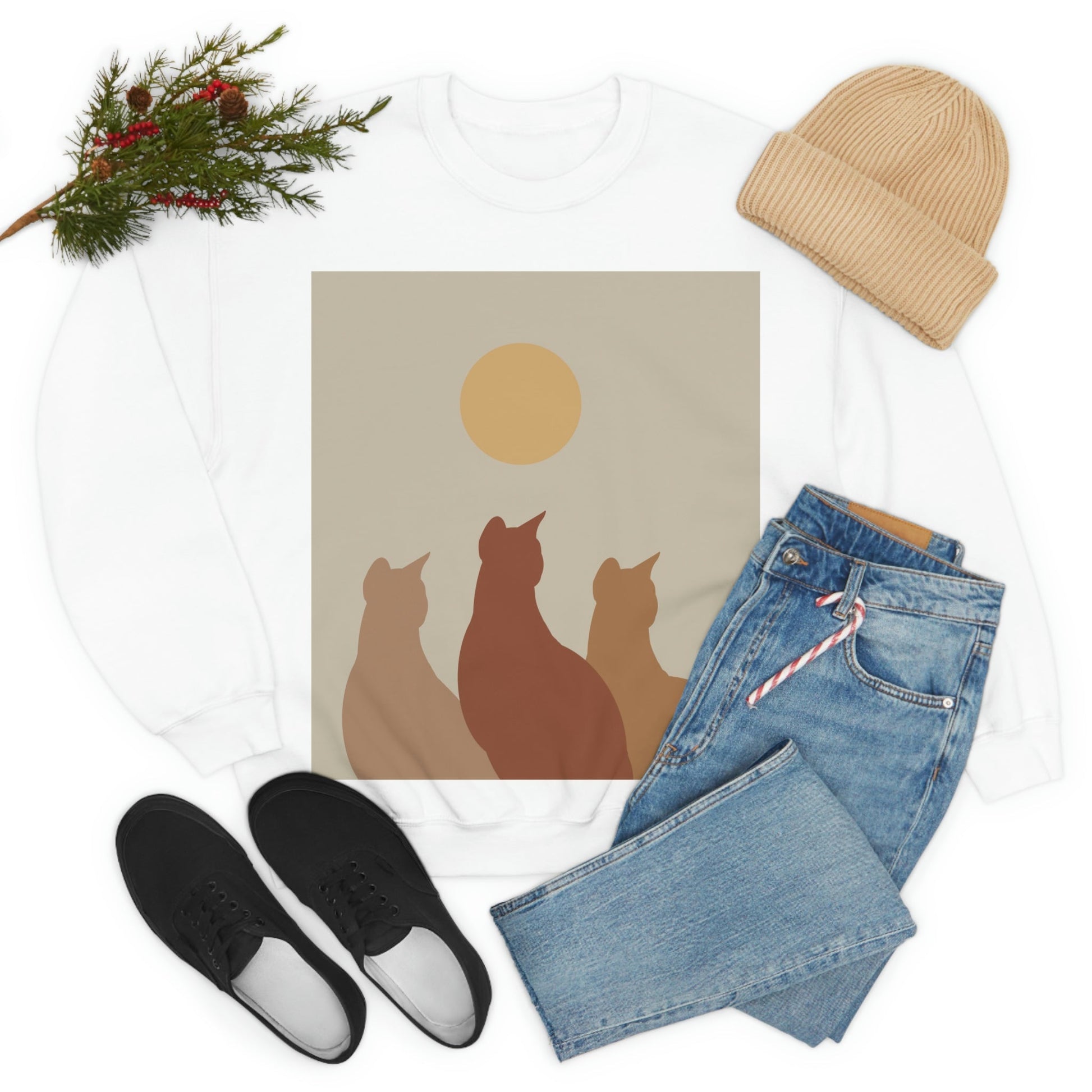 Abstract Boho Cats Relaxed Aesthetic Beige Minimalist Art Unisex Heavy Blend™ Crewneck Sweatshirt Ichaku [Perfect Gifts Selection]