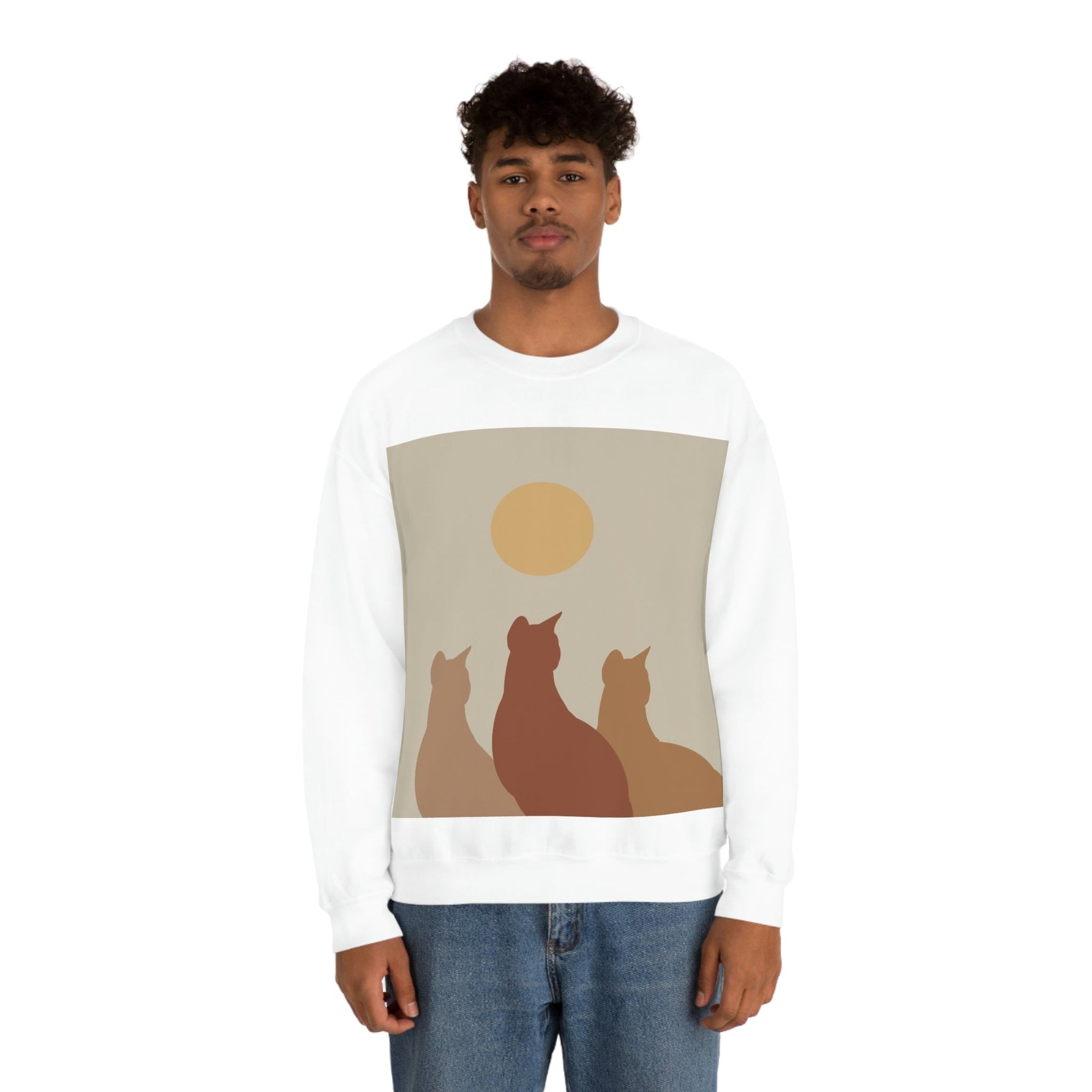 Abstract Boho Cats Relaxed Aesthetic Beige Minimalist Art Unisex Heavy Blend™ Crewneck Sweatshirt Ichaku [Perfect Gifts Selection]