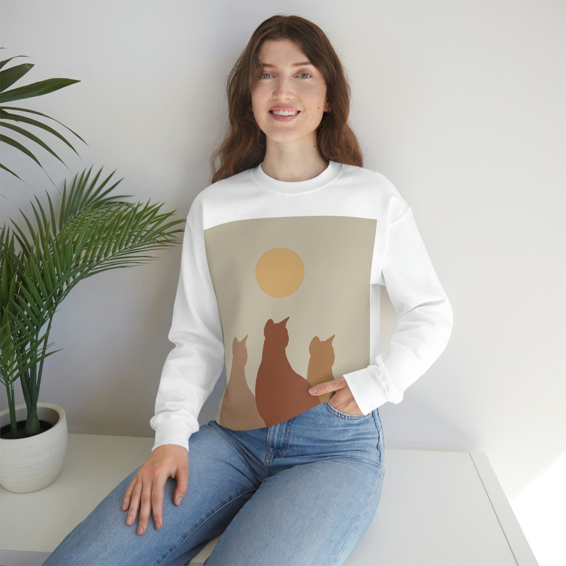 Abstract Boho Cats Relaxed Aesthetic Beige Minimalist Art Unisex Heavy Blend™ Crewneck Sweatshirt Ichaku [Perfect Gifts Selection]