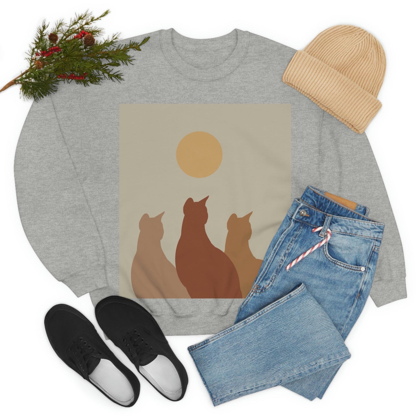 Abstract Boho Cats Relaxed Aesthetic Beige Minimalist Art Unisex Heavy Blend™ Crewneck Sweatshirt Ichaku [Perfect Gifts Selection]