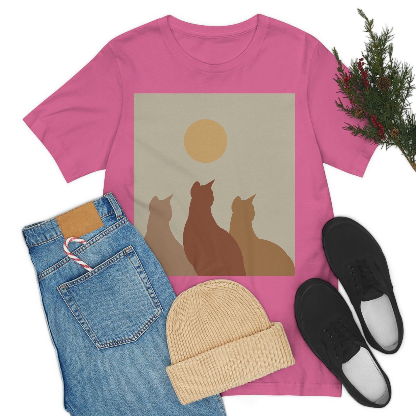 Abstract Boho Cats Relaxed Aesthetic Beige Minimalist Art Unisex Jersey Short Sleeve T-Shirt Ichaku [Perfect Gifts Selection]