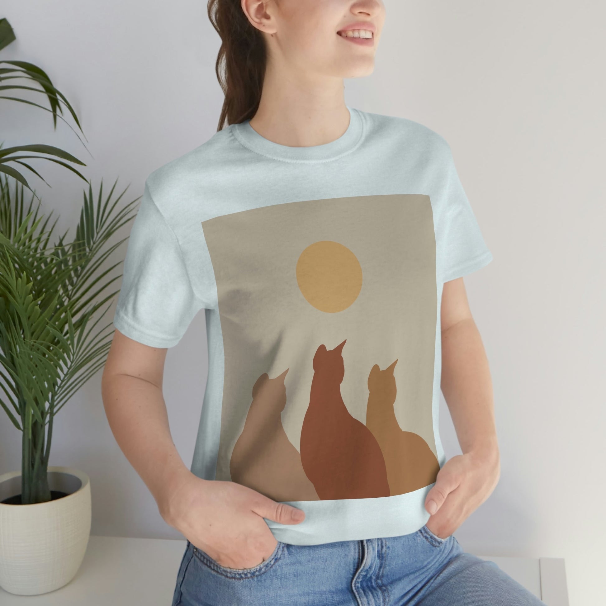 Abstract Boho Cats Relaxed Aesthetic Beige Minimalist Art Unisex Jersey Short Sleeve T-Shirt Ichaku [Perfect Gifts Selection]