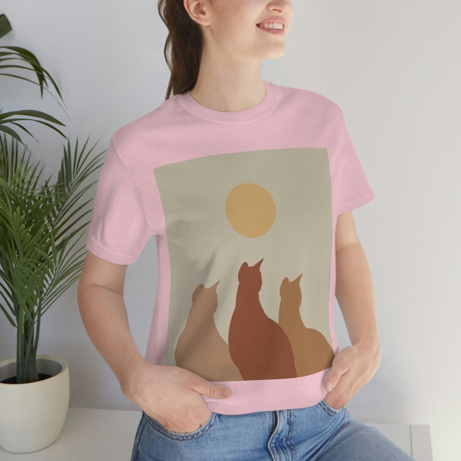 Abstract Boho Cats Relaxed Aesthetic Beige Minimalist Art Unisex Jersey Short Sleeve T-Shirt Ichaku [Perfect Gifts Selection]