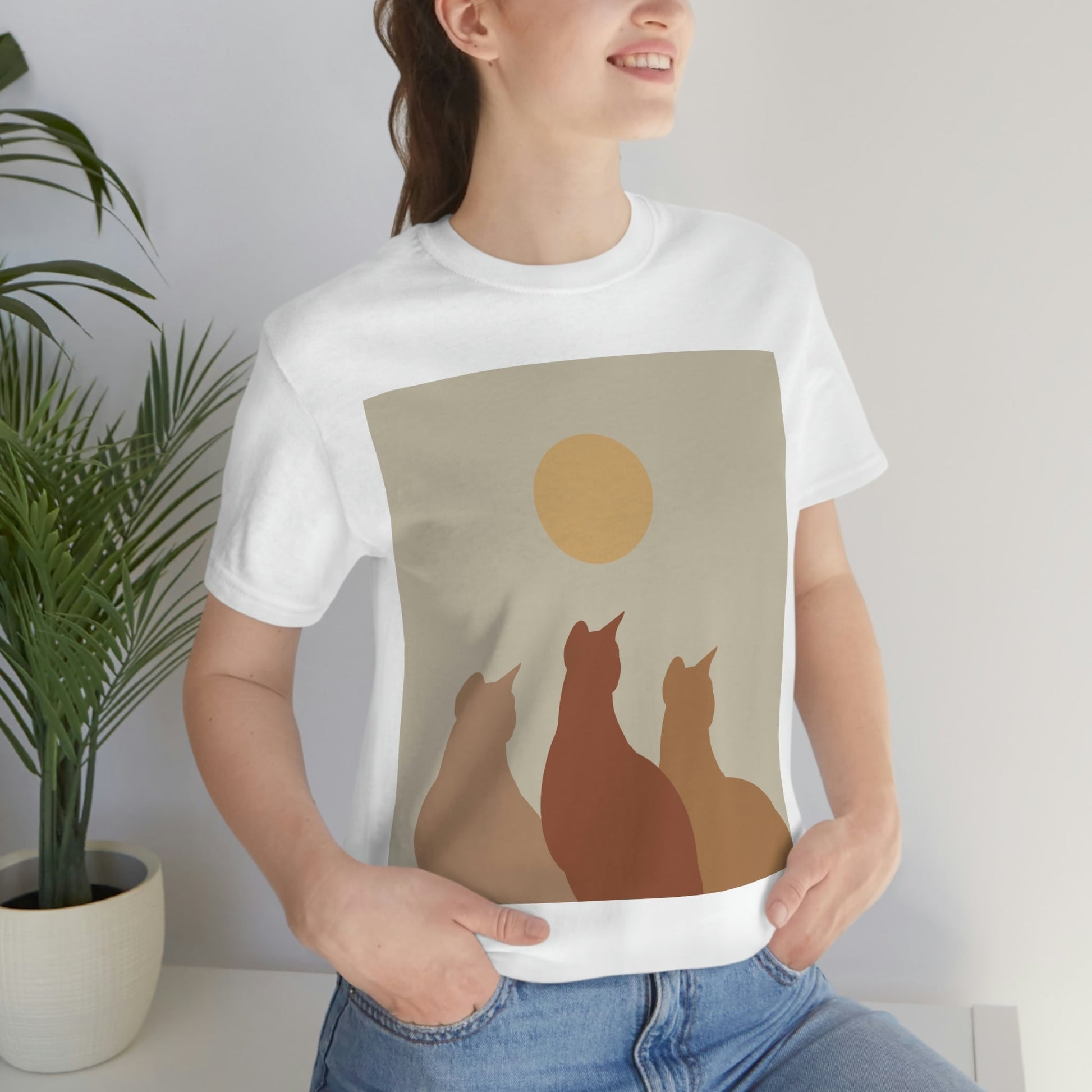 Abstract Boho Cats Relaxed Aesthetic Beige Minimalist Art Unisex Jersey Short Sleeve T-Shirt Ichaku [Perfect Gifts Selection]