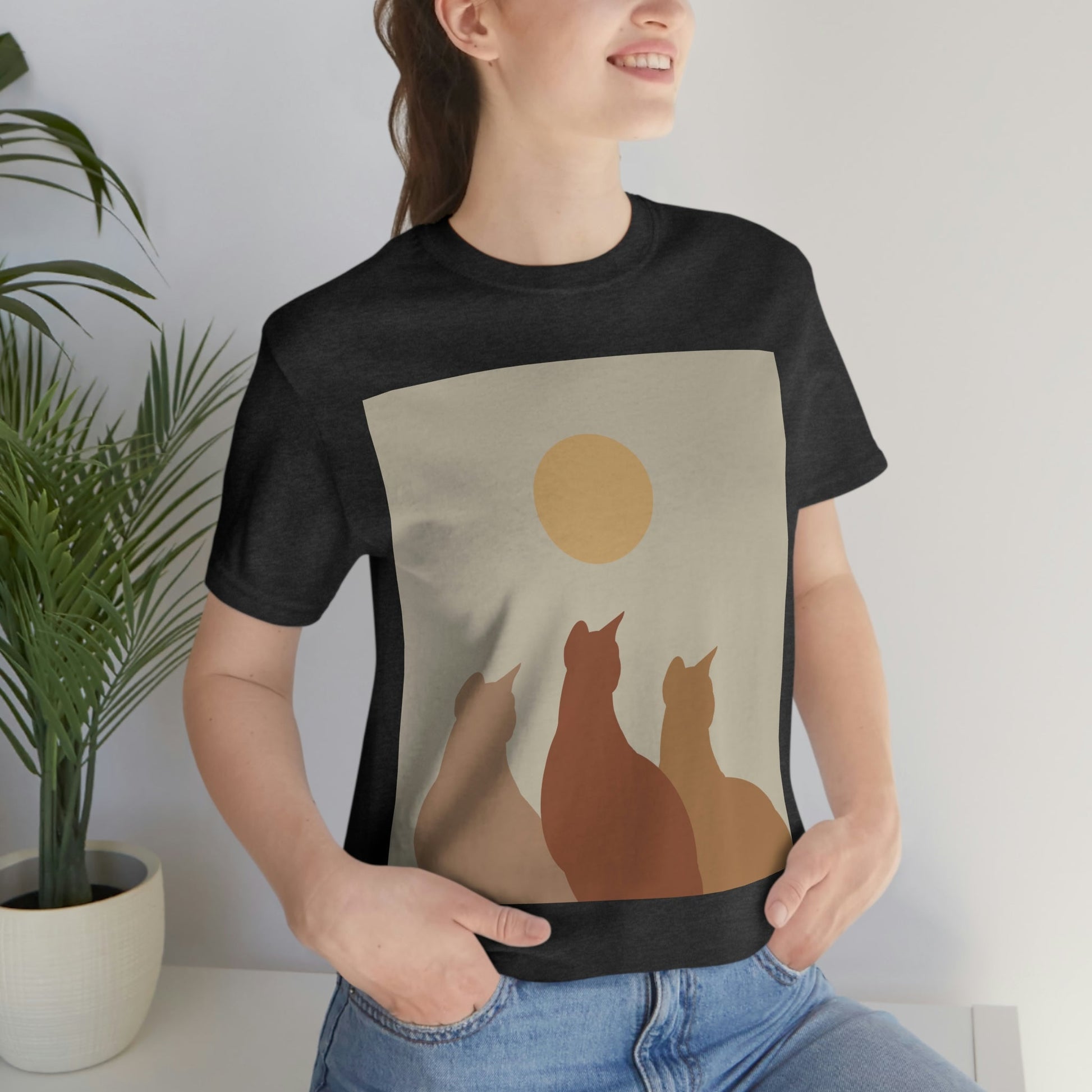 Abstract Boho Cats Relaxed Aesthetic Beige Minimalist Art Unisex Jersey Short Sleeve T-Shirt Ichaku [Perfect Gifts Selection]