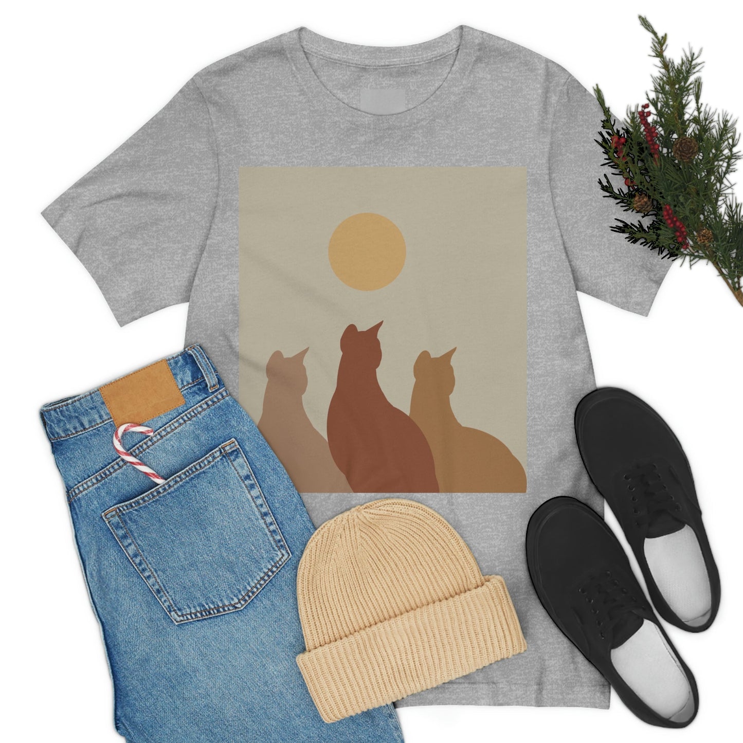 Abstract Boho Cats Relaxed Aesthetic Beige Minimalist Art Unisex Jersey Short Sleeve T-Shirt Ichaku [Perfect Gifts Selection]