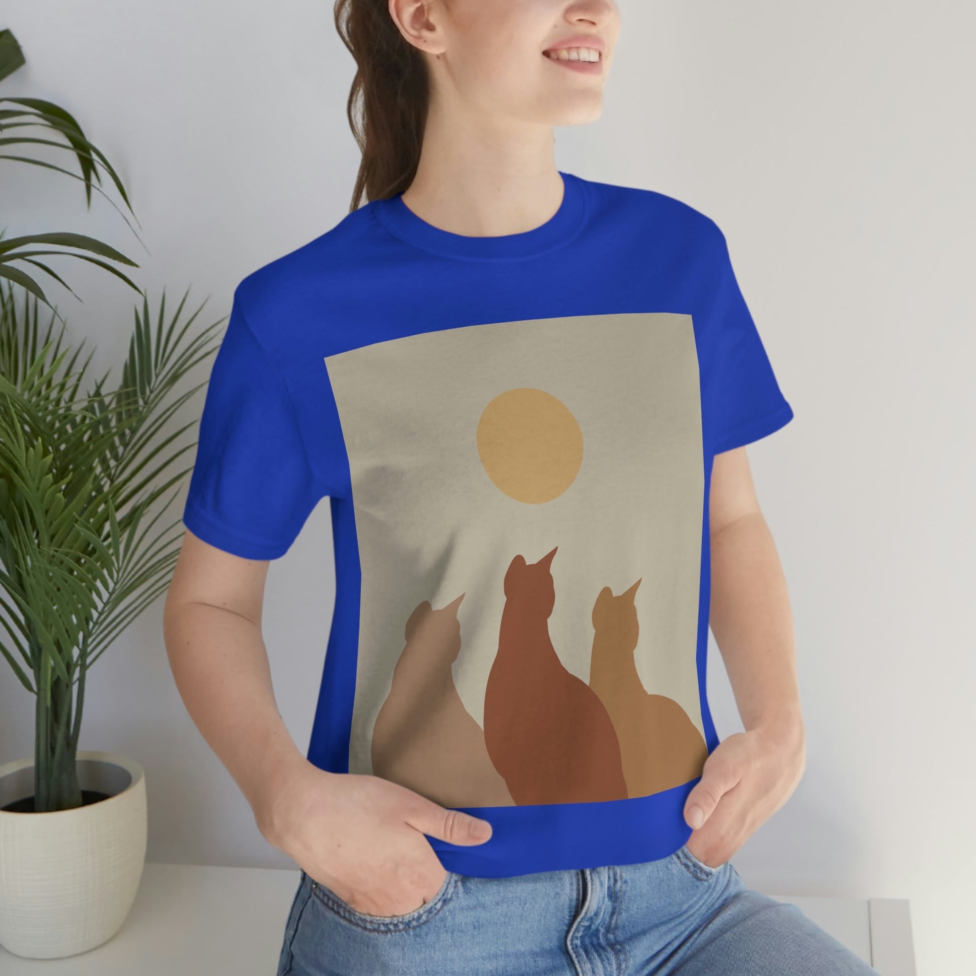 Abstract Boho Cats Relaxed Aesthetic Beige Minimalist Art Unisex Jersey Short Sleeve T-Shirt Ichaku [Perfect Gifts Selection]