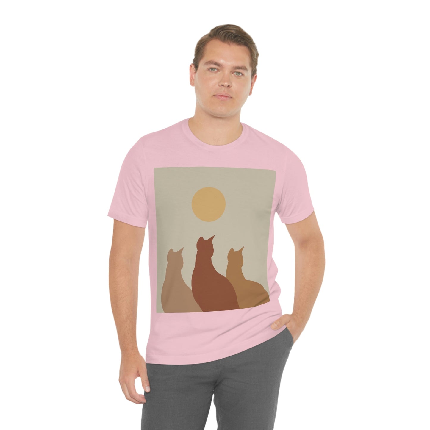 Abstract Boho Cats Relaxed Aesthetic Beige Minimalist Art Unisex Jersey Short Sleeve T-Shirt Ichaku [Perfect Gifts Selection]