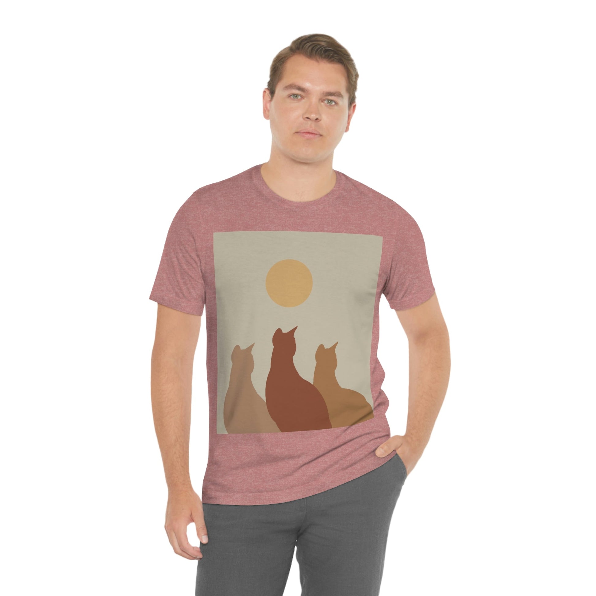 Abstract Boho Cats Relaxed Aesthetic Beige Minimalist Art Unisex Jersey Short Sleeve T-Shirt Ichaku [Perfect Gifts Selection]