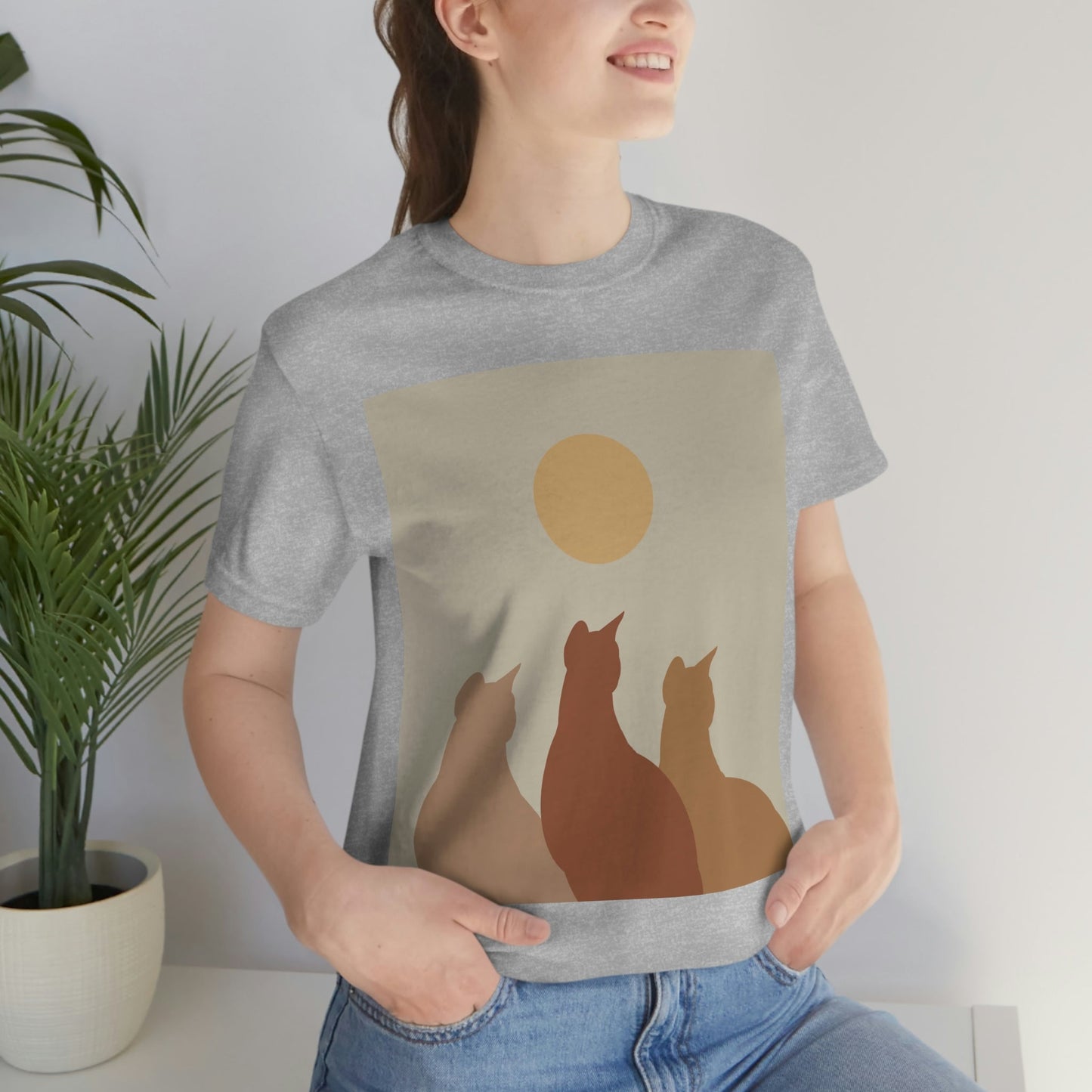 Abstract Boho Cats Relaxed Aesthetic Beige Minimalist Art Unisex Jersey Short Sleeve T-Shirt Ichaku [Perfect Gifts Selection]