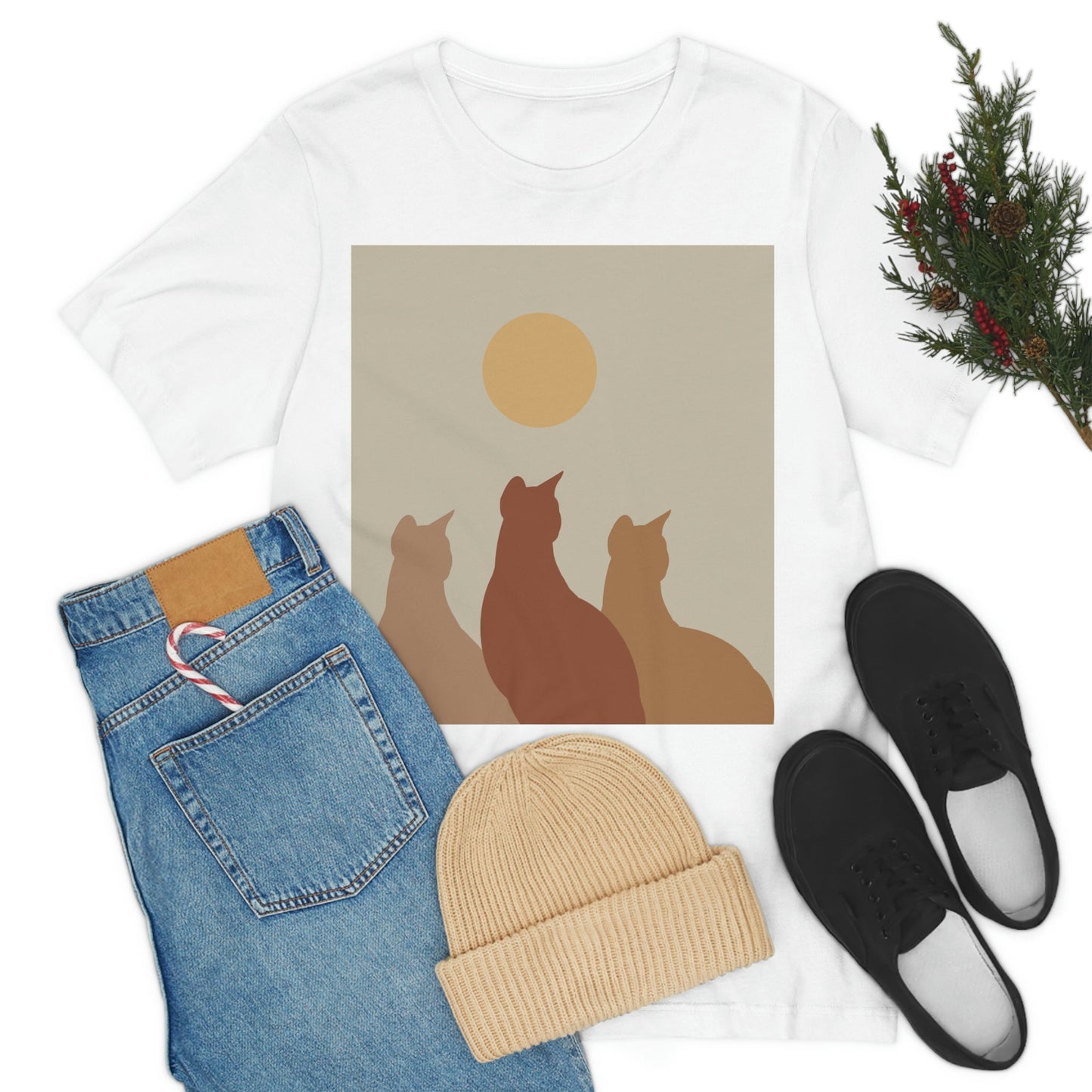 Abstract Boho Cats Relaxed Aesthetic Beige Minimalist Art Unisex Jersey Short Sleeve T-Shirt Ichaku [Perfect Gifts Selection]