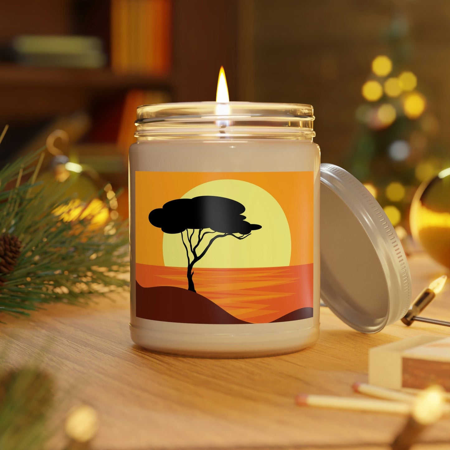 Africa Savanna Sunset Minimal Art Landscape View Candle Up to 60hSoy Wax 9oz Ichaku [Perfect Gifts Selection]