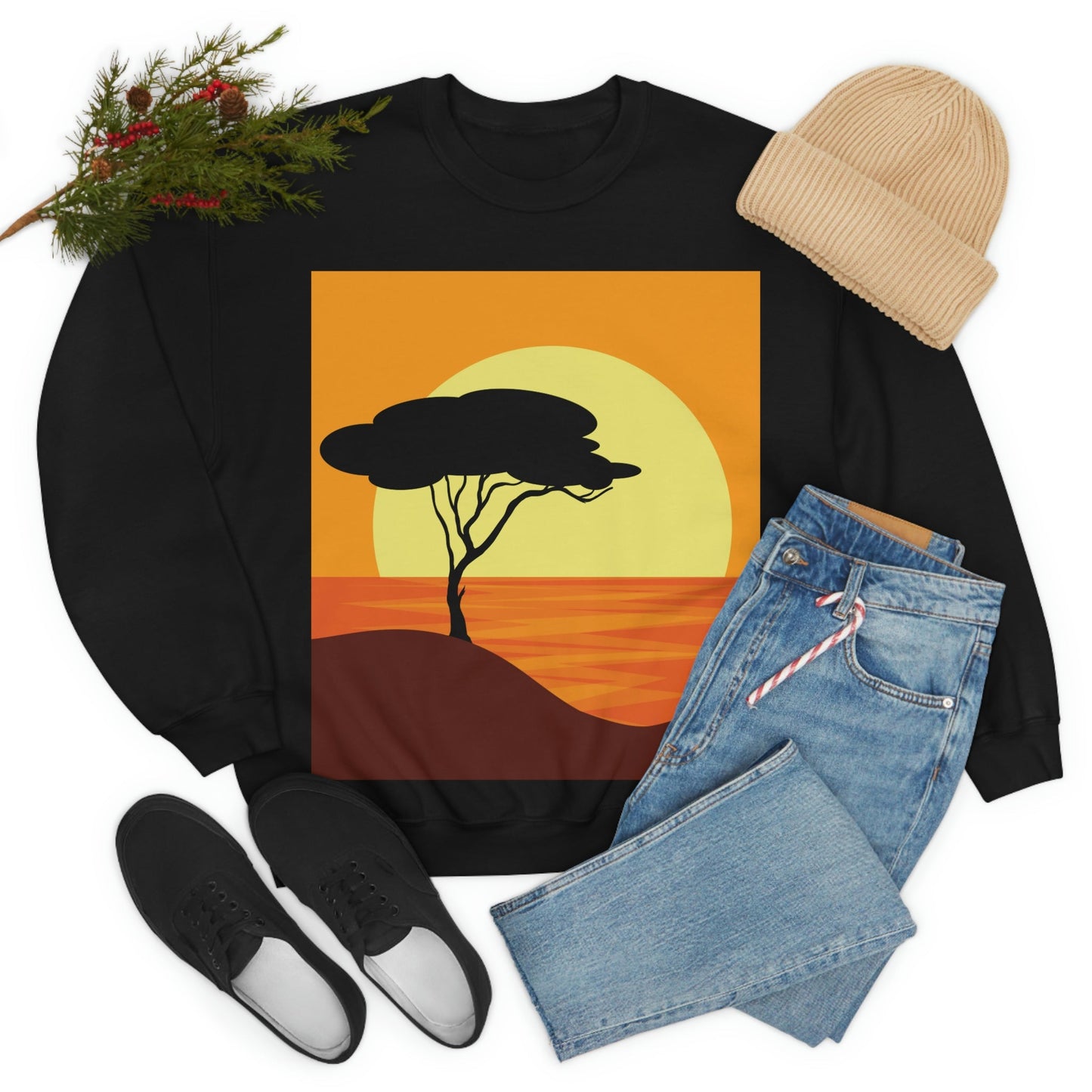 Africa Savanna Sunset Minimal Art Landscape View Unisex Heavy Blend™ Crewneck Sweatshirt Ichaku [Perfect Gifts Selection]