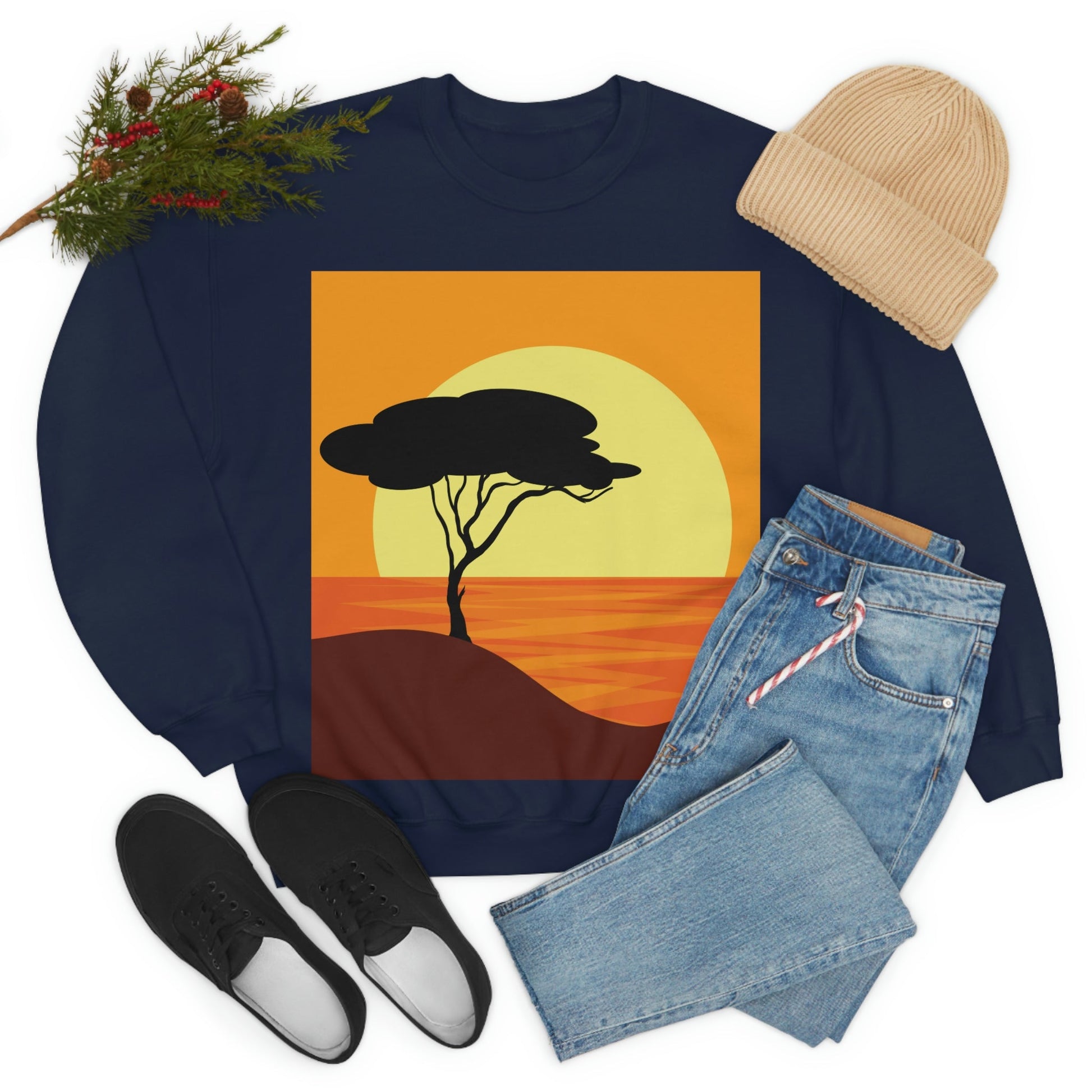 Africa Savanna Sunset Minimal Art Landscape View Unisex Heavy Blend™ Crewneck Sweatshirt Ichaku [Perfect Gifts Selection]