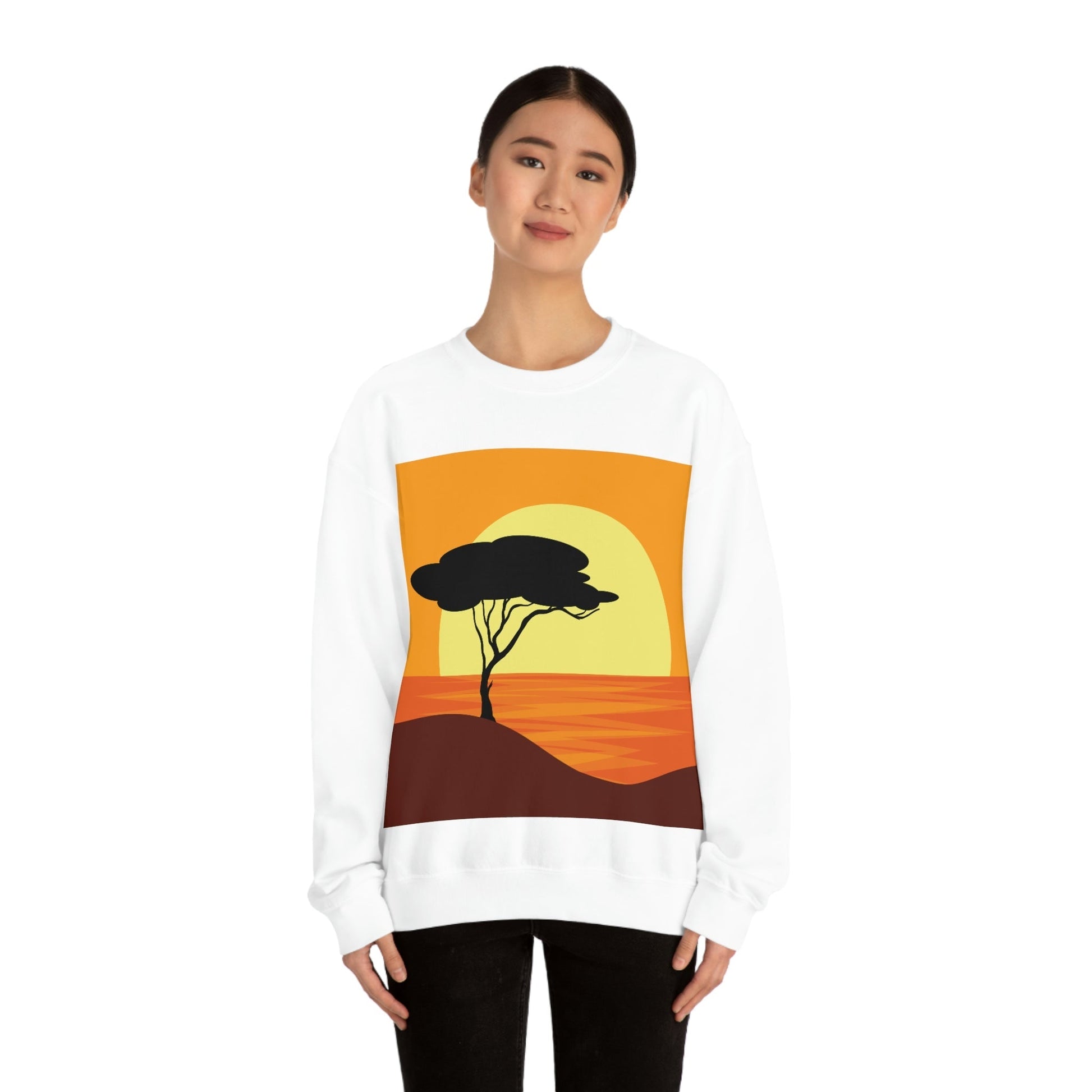 Africa Savanna Sunset Minimal Art Landscape View Unisex Heavy Blend™ Crewneck Sweatshirt Ichaku [Perfect Gifts Selection]