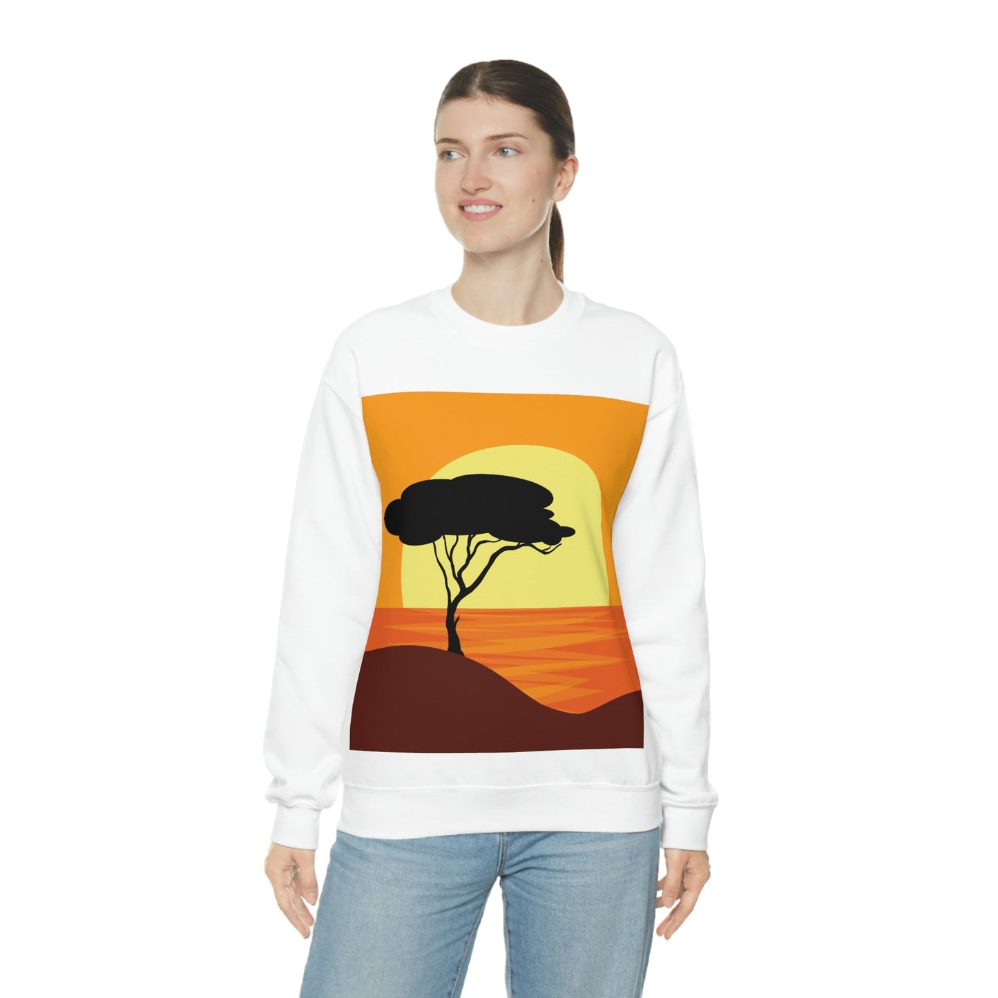 Africa Savanna Sunset Minimal Art Landscape View Unisex Heavy Blend™ Crewneck Sweatshirt Ichaku [Perfect Gifts Selection]