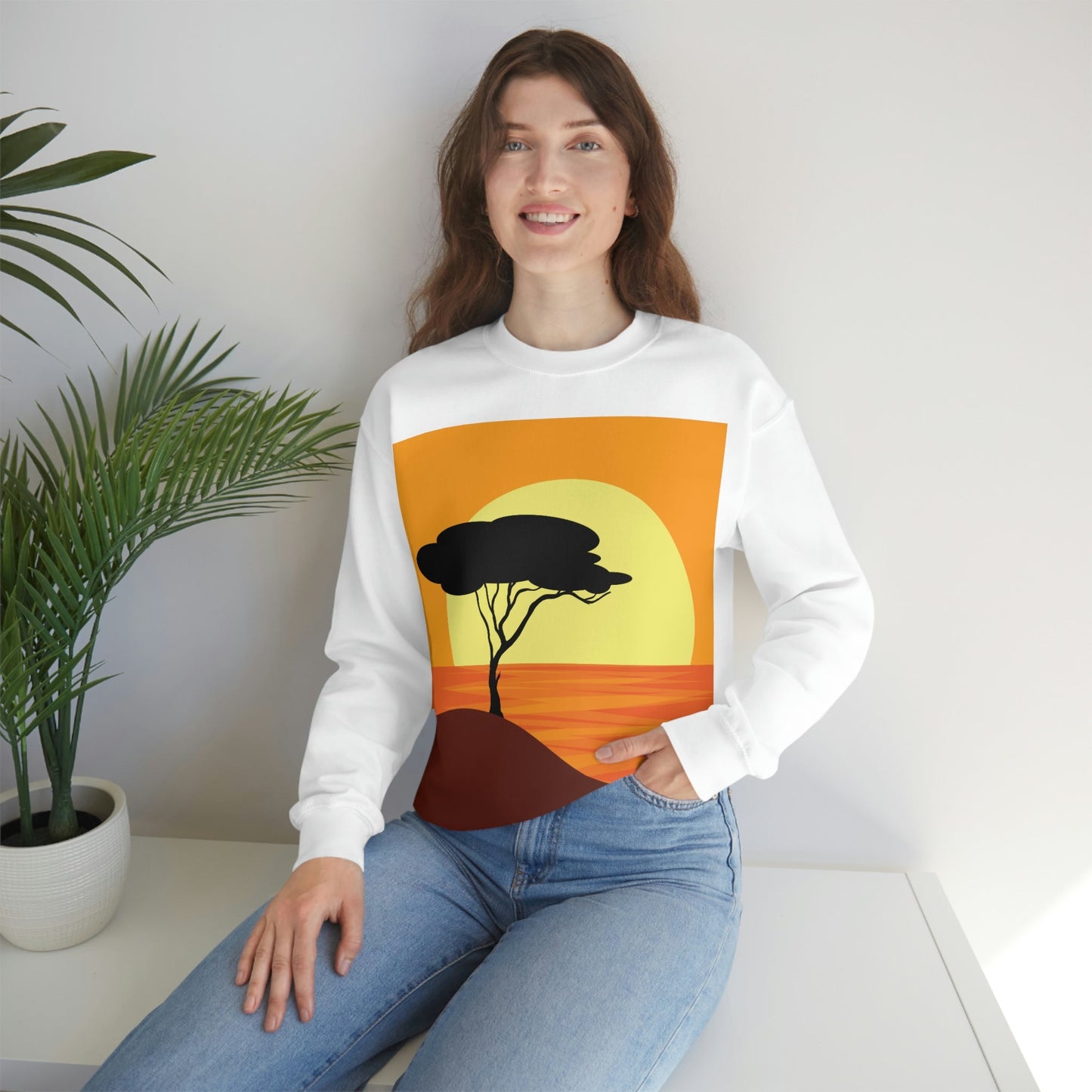 Africa Savanna Sunset Minimal Art Landscape View Unisex Heavy Blend™ Crewneck Sweatshirt Ichaku [Perfect Gifts Selection]